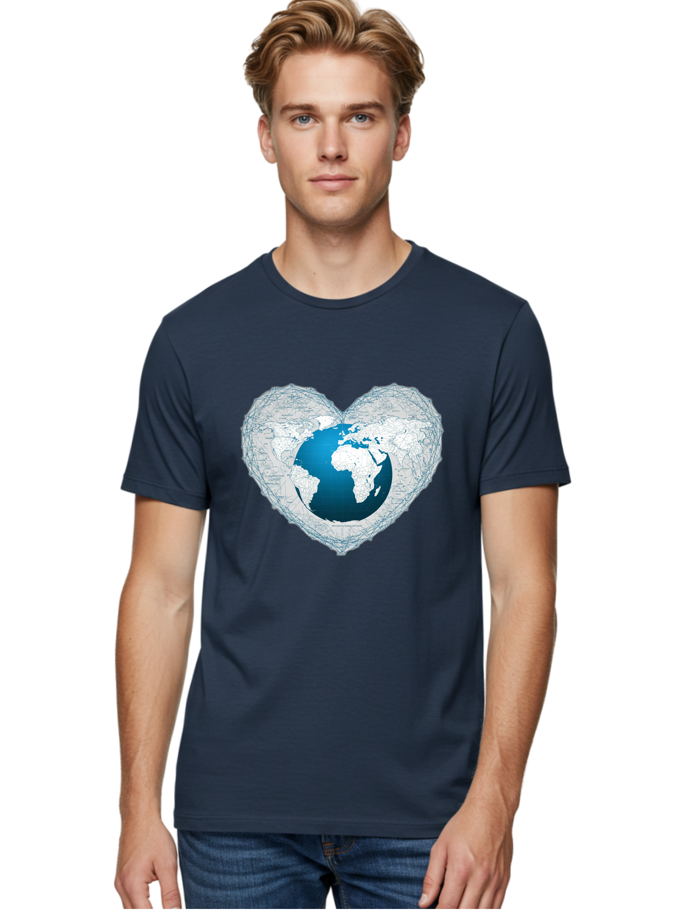 Globe-In-Heart-2 Men'S Graphic Tee, 100% Cotton, Comfortable Casual Summer Wear, Machine Washable, Globe In Heart Shape, World Map, Love For The Earth, Global Unity, Blue Gradient, Wireframe Design, Earth Illustration, Heart-Shaped Globe Baa753 26