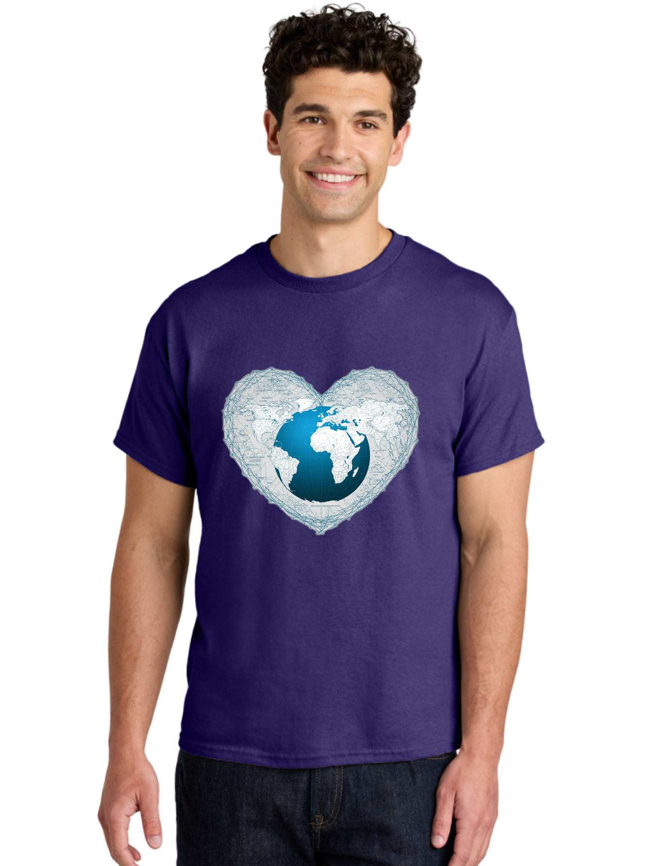 Globe-In-Heart-2 Men'S Graphic Tee, 100% Cotton, Comfortable Casual Summer Wear, Machine Washable, Globe In Heart Shape, World Map, Love For The Earth, Global Unity, Blue Gradient, Wireframe Design, Earth Illustration, Heart-Shaped Globe Baa753 6