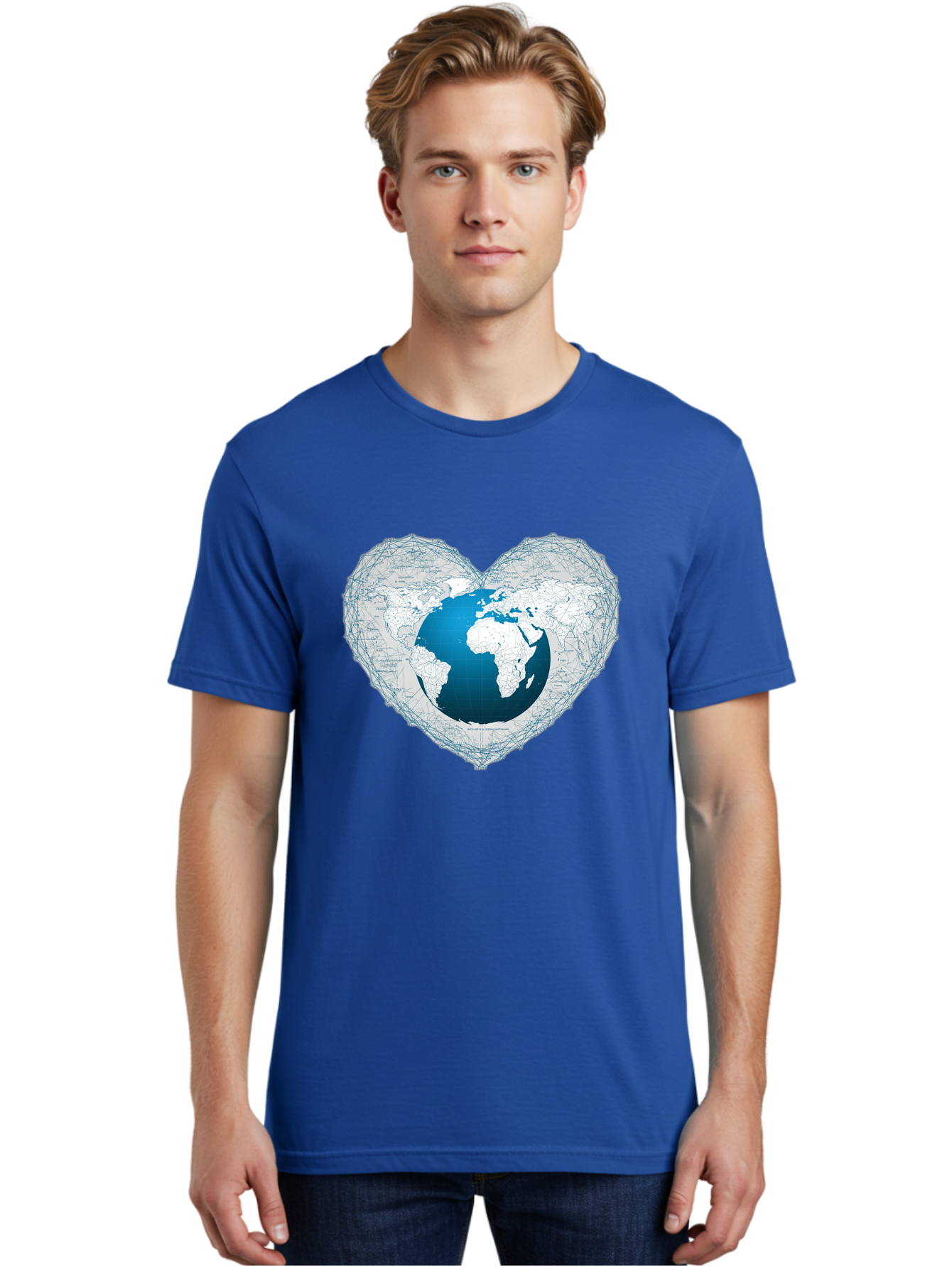 Globe-In-Heart-2 Men'S Graphic Tee, 100% Cotton, Comfortable Casual Summer Wear, Machine Washable, Globe In Heart Shape, World Map, Love For The Earth, Global Unity, Blue Gradient, Wireframe Design, Earth Illustration, Heart-Shaped Globe Baa753 24