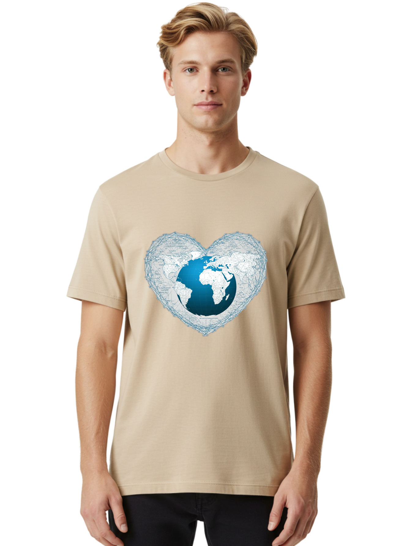 Globe-In-Heart-2 Men'S Graphic Tee, 100% Cotton, Comfortable Casual Summer Wear, Machine Washable, Globe In Heart Shape, World Map, Love For The Earth, Global Unity, Blue Gradient, Wireframe Design, Earth Illustration, Heart-Shaped Globe Baa753 12