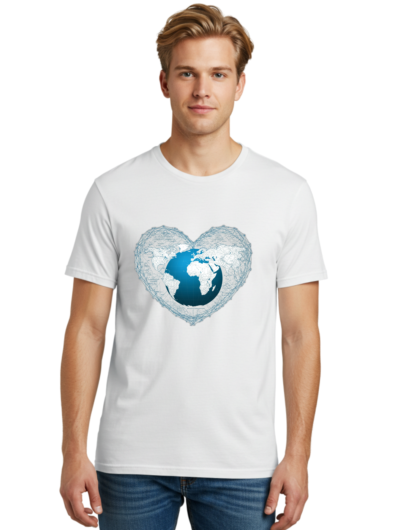 Globe-In-Heart-2 Men'S Graphic Tee, 100% Cotton, Comfortable Casual Summer Wear, Machine Washable, Globe In Heart Shape, World Map, Love For The Earth, Global Unity, Blue Gradient, Wireframe Design, Earth Illustration, Heart-Shaped Globe Baa753 14
