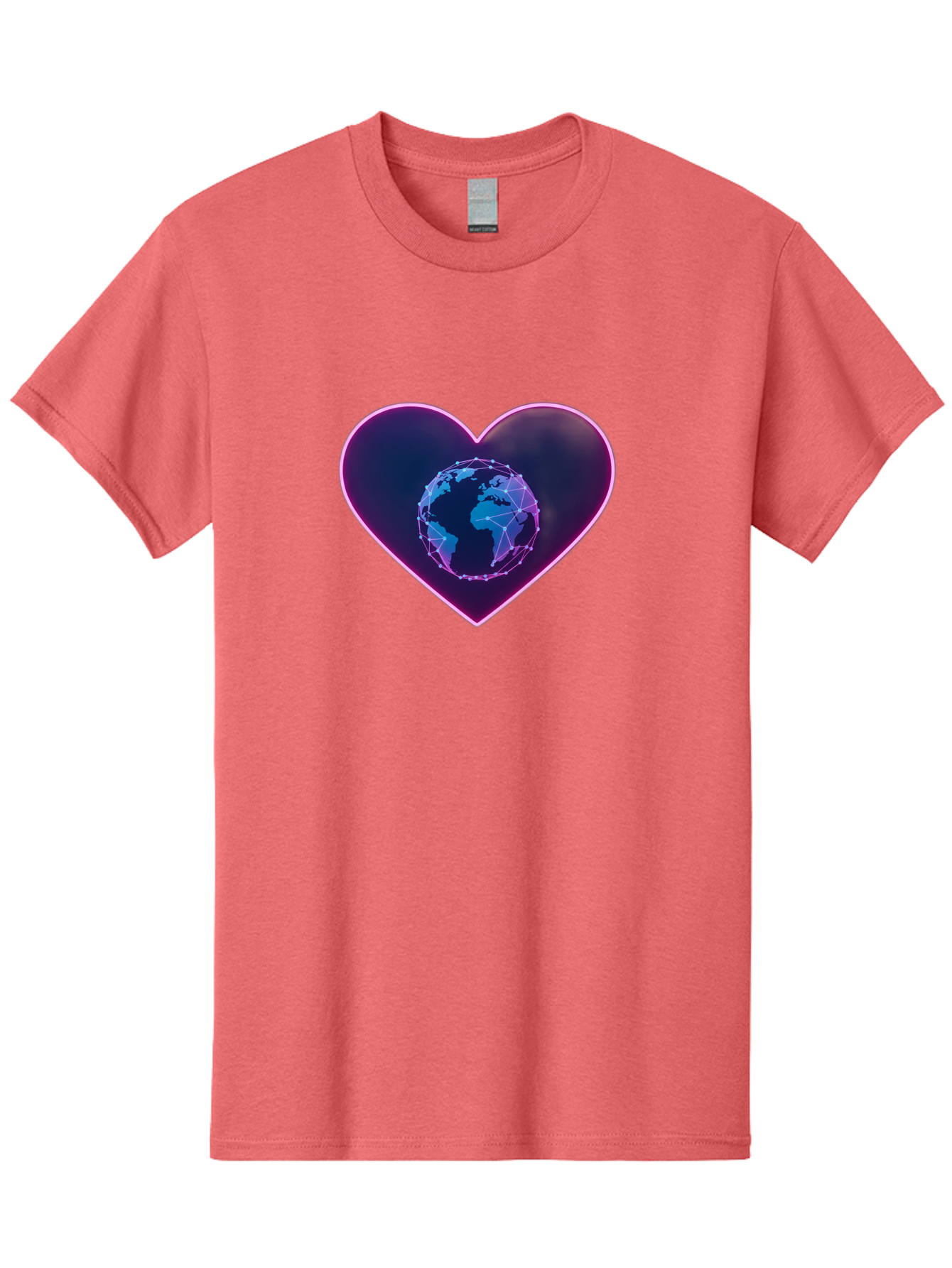 Globe-In-Heart Men'S Graphic Tee, 100% Cotton, Comfortable Casual Summer Wear, Machine Washable, Globe In The Heart, Global Unity, World Love, Interconnectedness, Network Effect, Futuristic Design, Digital Art, Earth Connection Baa754 1