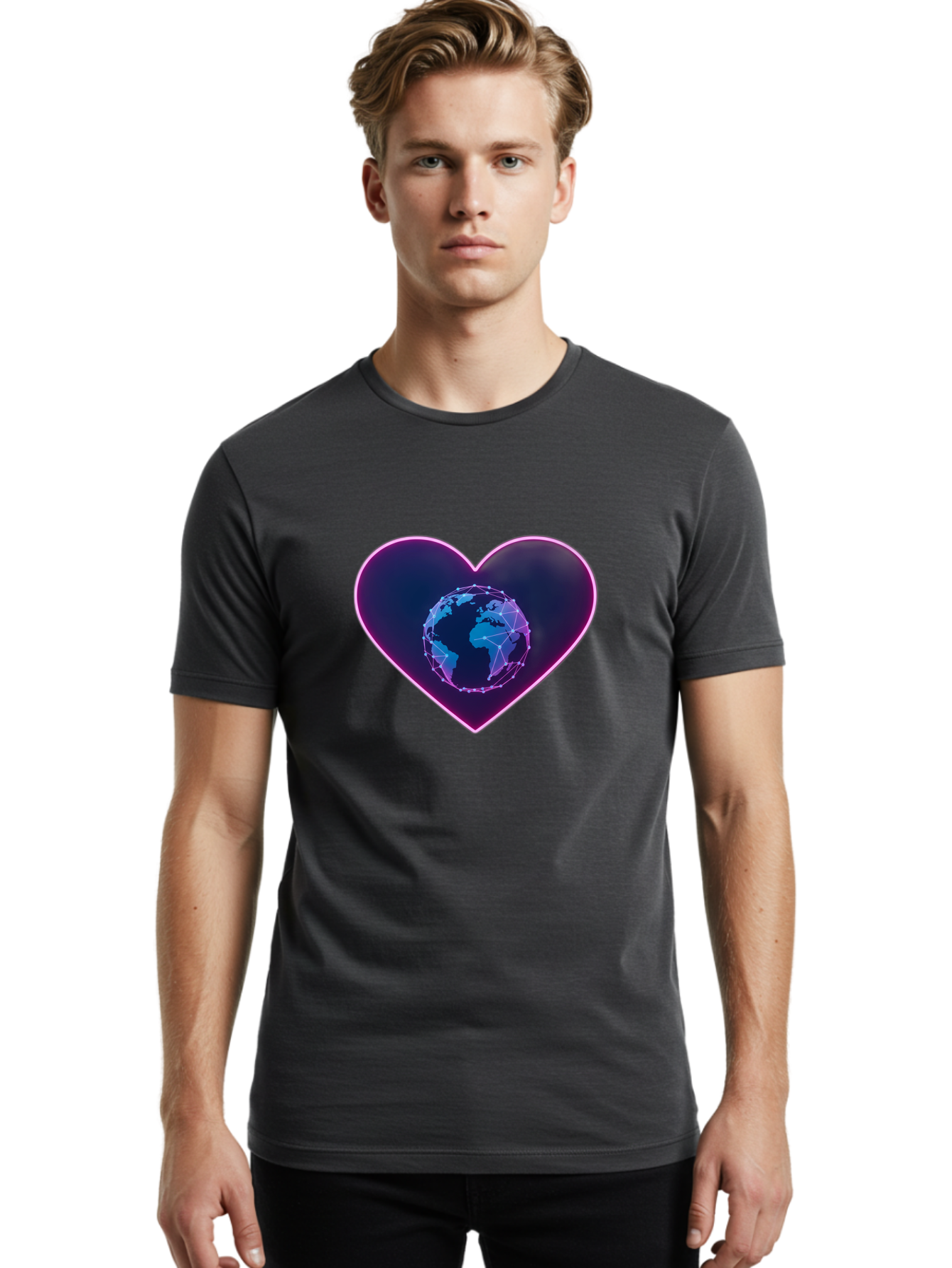 Globe-In-Heart Men'S Graphic Tee, 100% Cotton, Comfortable Casual Summer Wear, Machine Washable, Globe In The Heart, Global Unity, World Love, Interconnectedness, Network Effect, Futuristic Design, Digital Art, Earth Connection Baa754 18