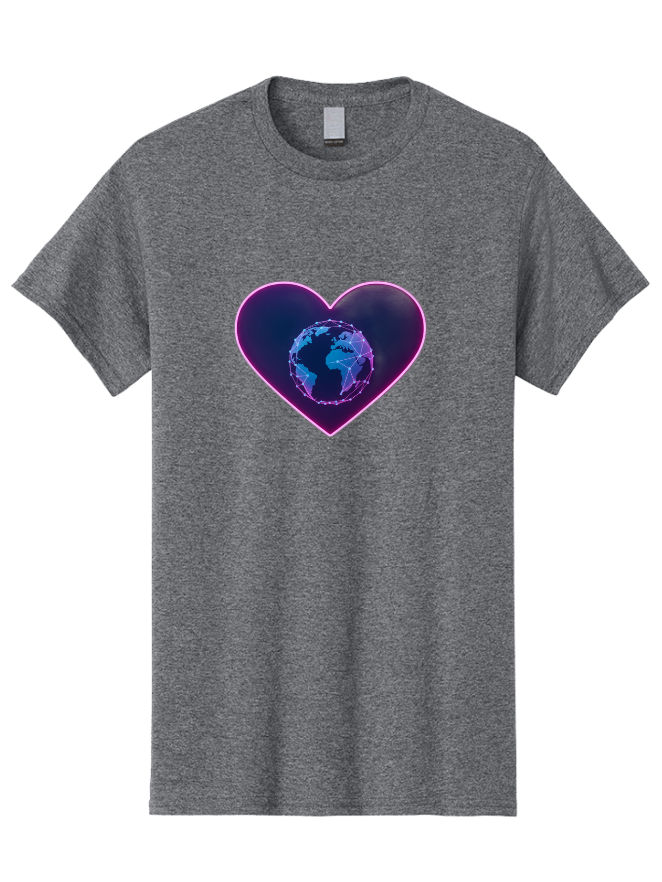 Globe-In-Heart Men'S Graphic Tee, 100% Cotton, Comfortable Casual Summer Wear, Machine Washable, Globe In The Heart, Global Unity, World Love, Interconnectedness, Network Effect, Futuristic Design, Digital Art, Earth Connection Baa754 3