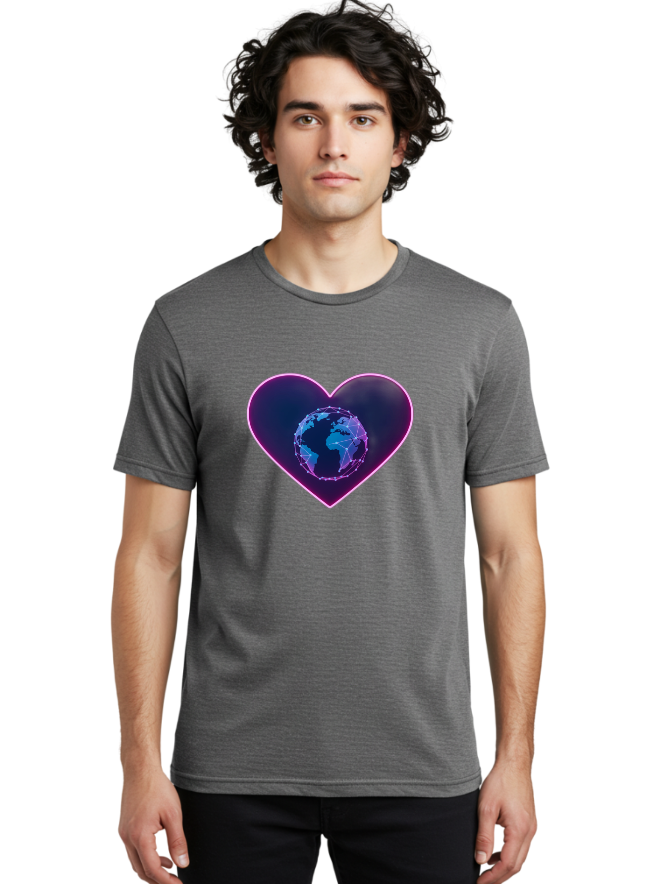 Globe-In-Heart Men'S Graphic Tee, 100% Cotton, Comfortable Casual Summer Wear, Machine Washable, Globe In The Heart, Global Unity, World Love, Interconnectedness, Network Effect, Futuristic Design, Digital Art, Earth Connection Baa754 4