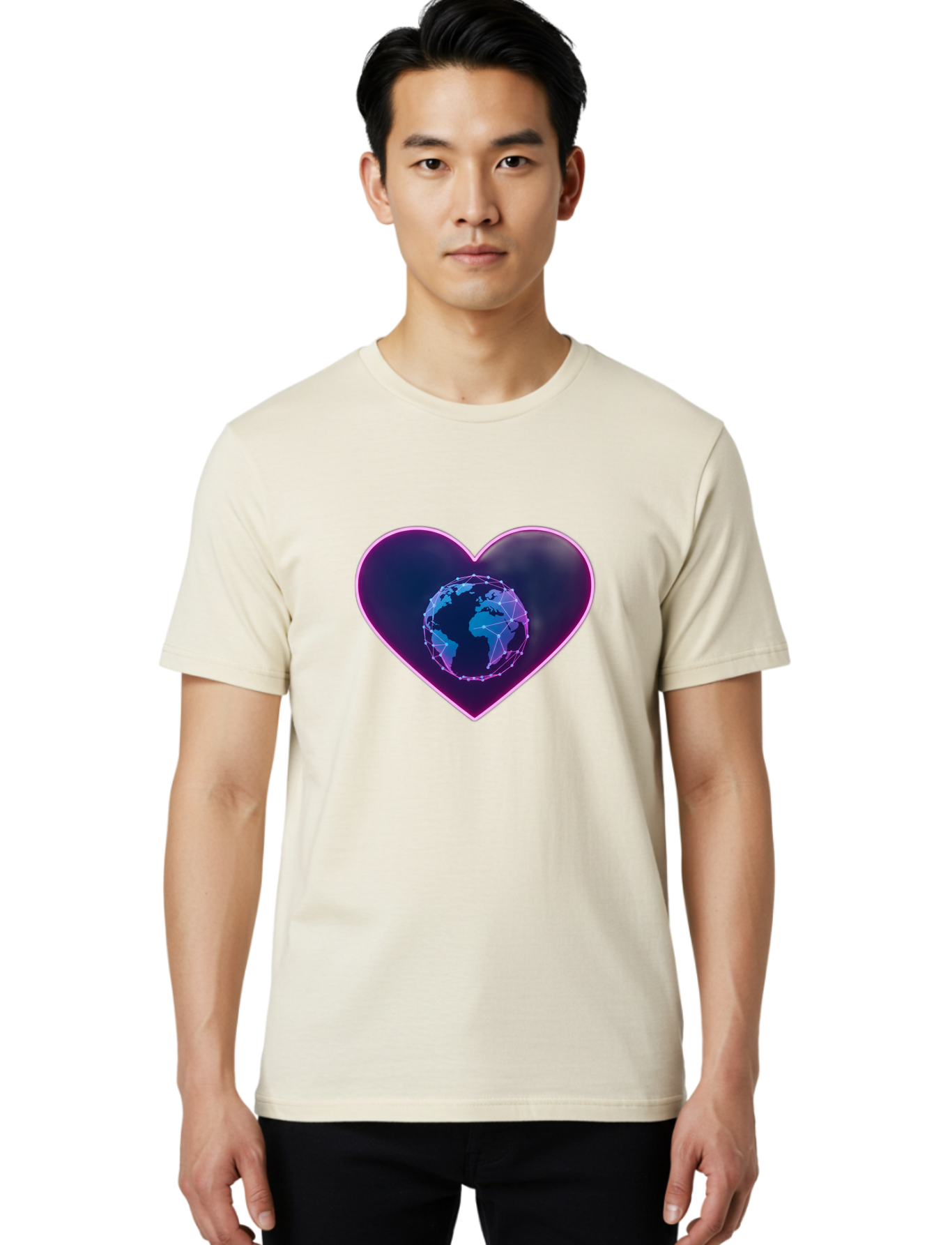 Globe-In-Heart Men'S Graphic Tee, 100% Cotton, Comfortable Casual Summer Wear, Machine Washable, Globe In The Heart, Global Unity, World Love, Interconnectedness, Network Effect, Futuristic Design, Digital Art, Earth Connection Baa754 8