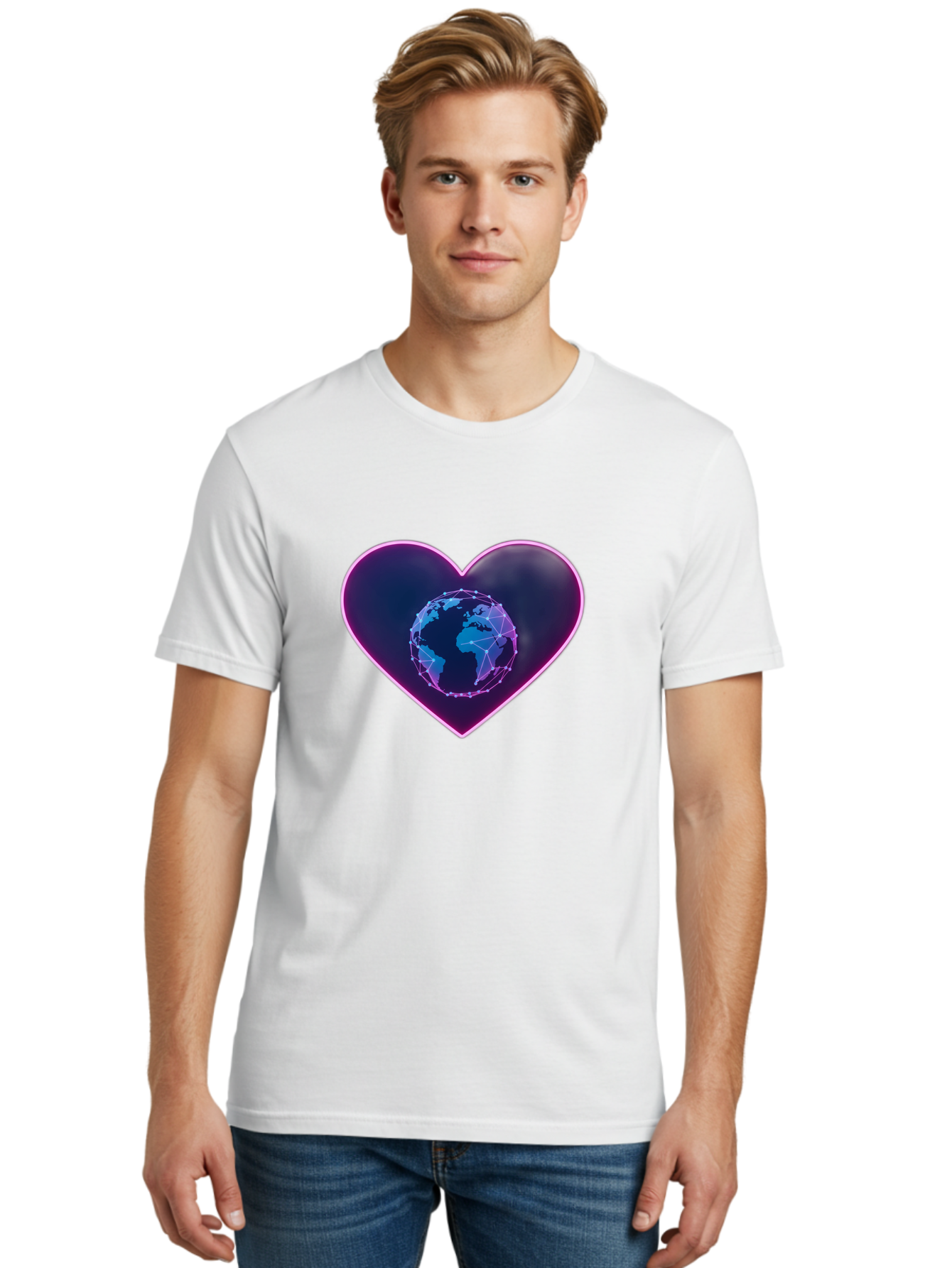 Globe-In-Heart Men'S Graphic Tee, 100% Cotton, Comfortable Casual Summer Wear, Machine Washable, Globe In The Heart, Global Unity, World Love, Interconnectedness, Network Effect, Futuristic Design, Digital Art, Earth Connection Baa754 28