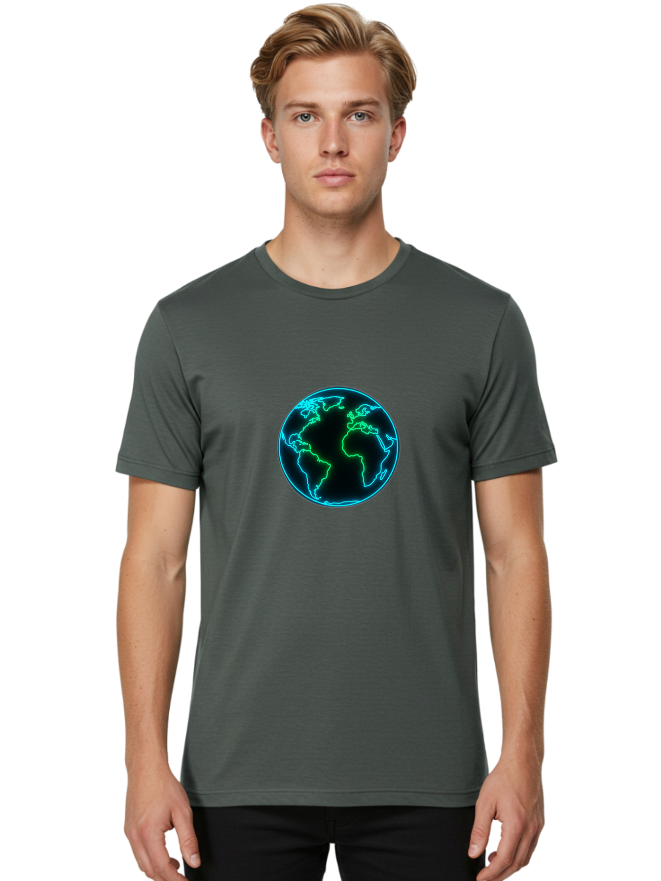 Glowing-Earth Men'S Graphic Tee, 100% Cotton, Comfortable Casual Summer Wear, Machine Washable, Glowing Earth, Neon Map, Global Technology, Digital Planet, Africa And South America Centered, Futuristic Design, Blue And Green Glow Baa765 6