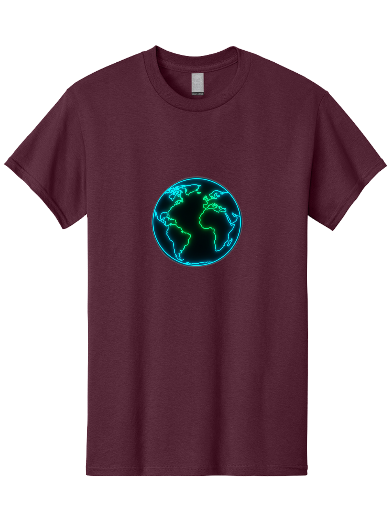 Glowing-Earth Men'S Graphic Tee, 100% Cotton, Comfortable Casual Summer Wear, Machine Washable, Glowing Earth, Neon Map, Global Technology, Digital Planet, Africa And South America Centered, Futuristic Design, Blue And Green Glow Baa765 27