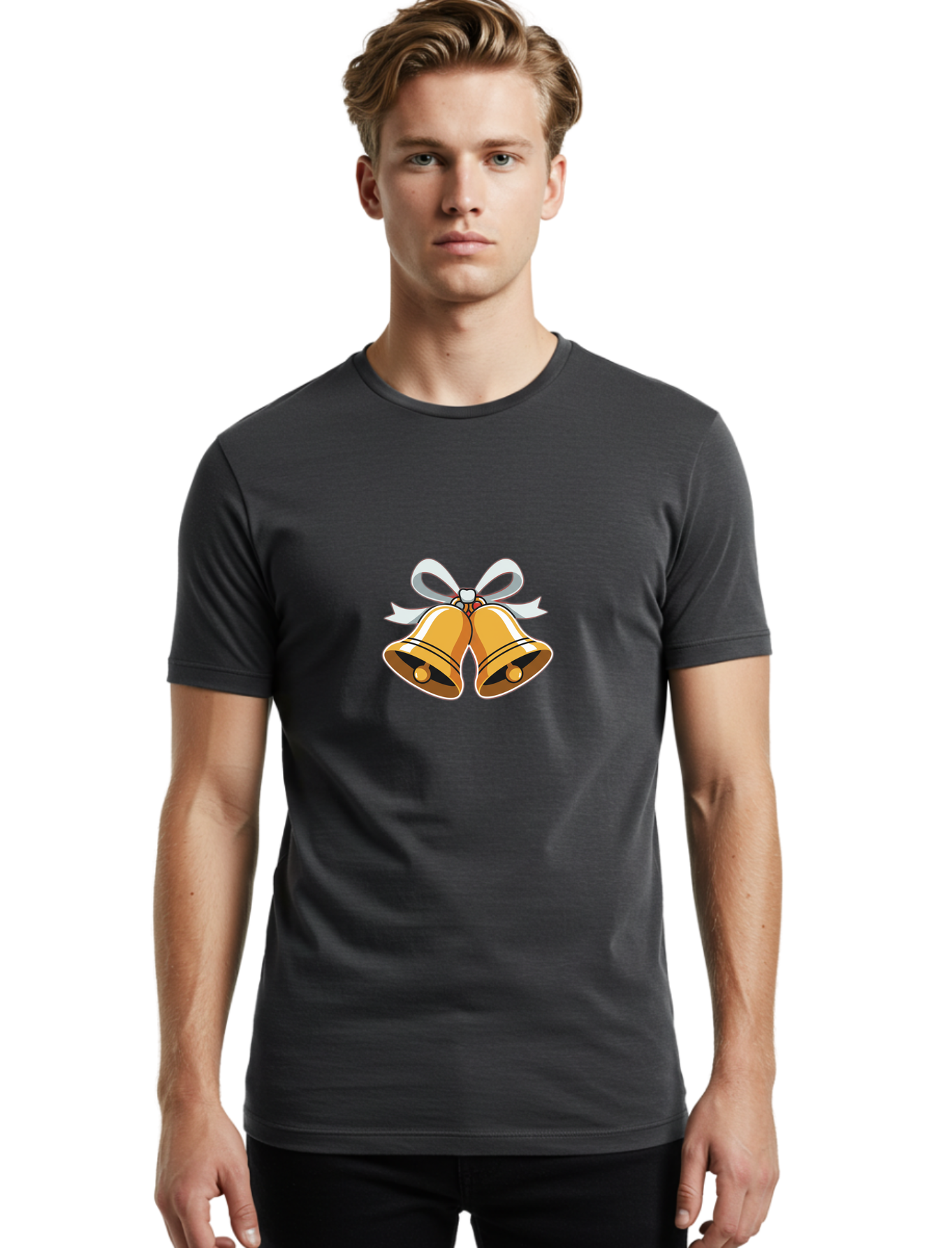 Golden-Bells-1 Men'S Graphic Tee, 100% Cotton, Comfortable Casual Summer Wear, Machine Washable, Golden Christmas Bells, Festive Decoration, Holiday Symbols, Shiny Bells, White Ribbon, Christmas Theme, Festive Atmosphere, Holiday Cheer, Baa768 10