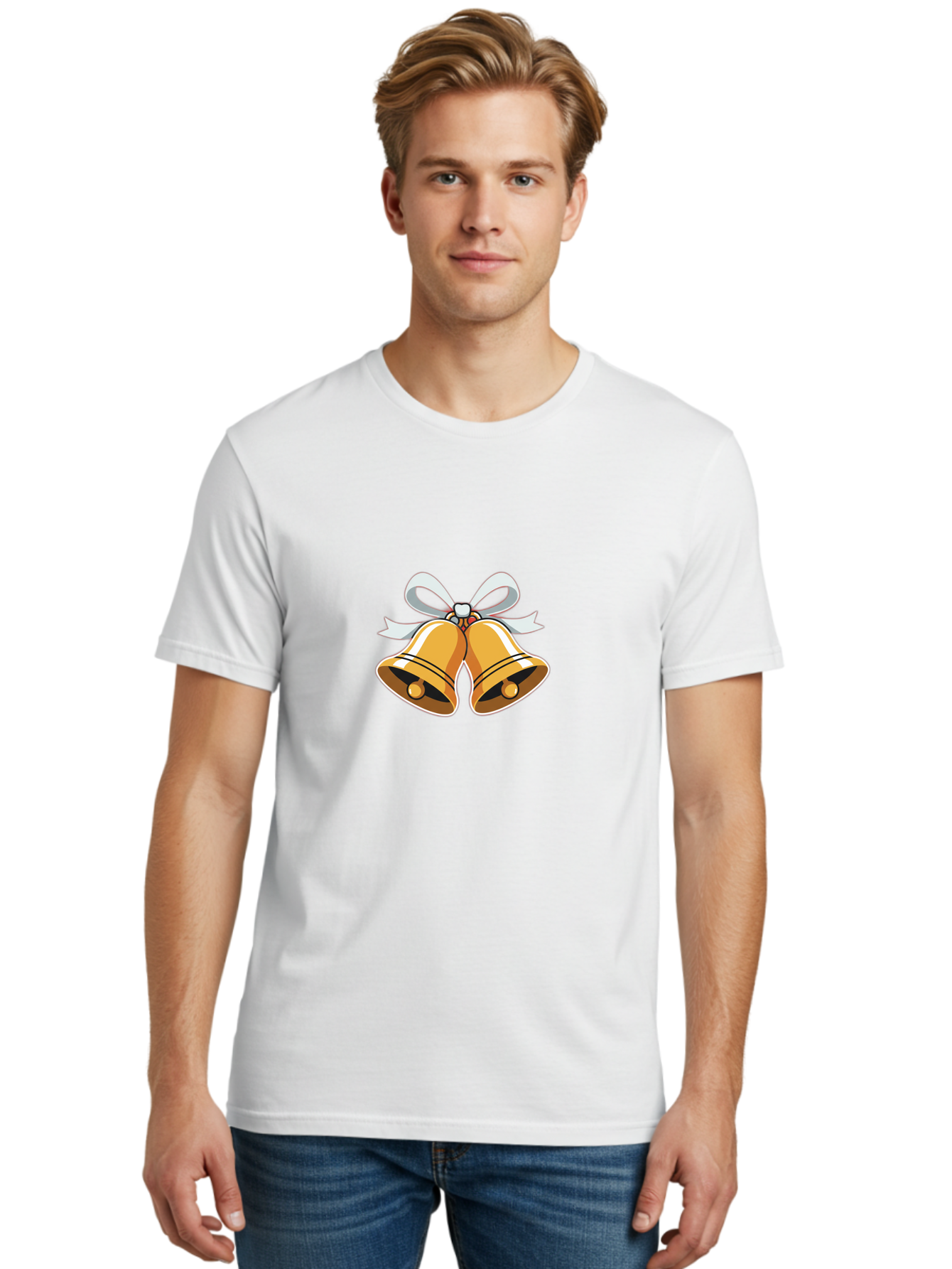 Golden-Bells-1 Men'S Graphic Tee, 100% Cotton, Comfortable Casual Summer Wear, Machine Washable, Golden Christmas Bells, Festive Decoration, Holiday Symbols, Shiny Bells, White Ribbon, Christmas Theme, Festive Atmosphere, Holiday Cheer, Baa768 8