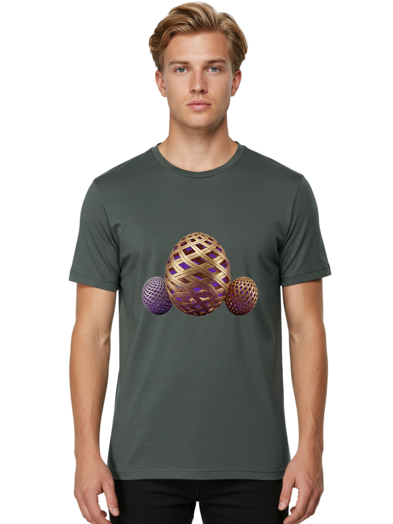 Golden-Eggs Men'S Graphic Tee, 100% Cotton, Comfortable Casual Summer Wear, Machine Washable, Lattice Eggs, Woven Eggs, Easter Eggs, Decorative Eggs, 3D Eggs, Purple And Gold, Festive Decor, Holiday Decorations, Egg Designs, Intricate Patterns Baa774 8