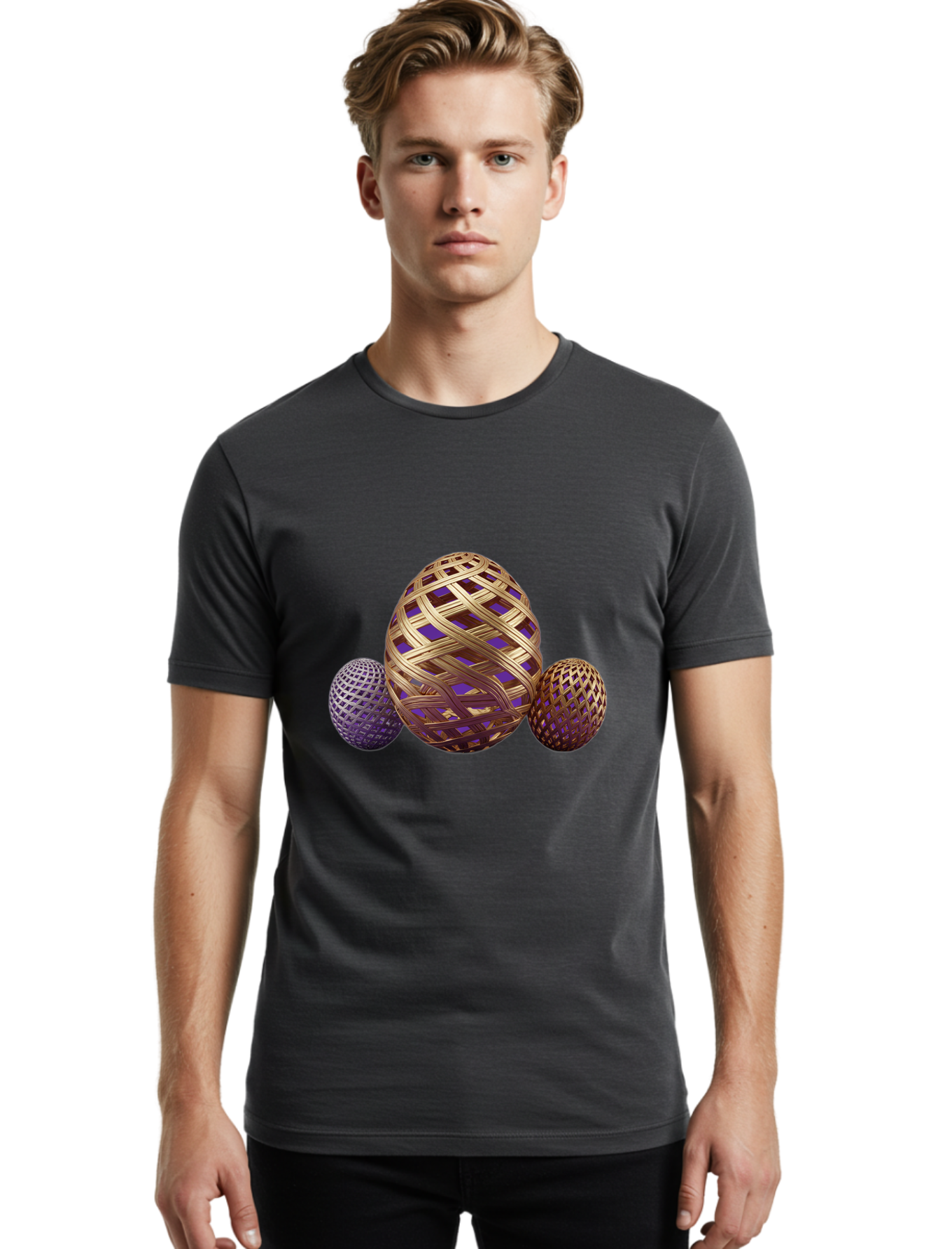 Golden-Eggs Men'S Graphic Tee, 100% Cotton, Comfortable Casual Summer Wear, Machine Washable, Lattice Eggs, Woven Eggs, Easter Eggs, Decorative Eggs, 3D Eggs, Purple And Gold, Festive Decor, Holiday Decorations, Egg Designs, Intricate Patterns Baa774 26