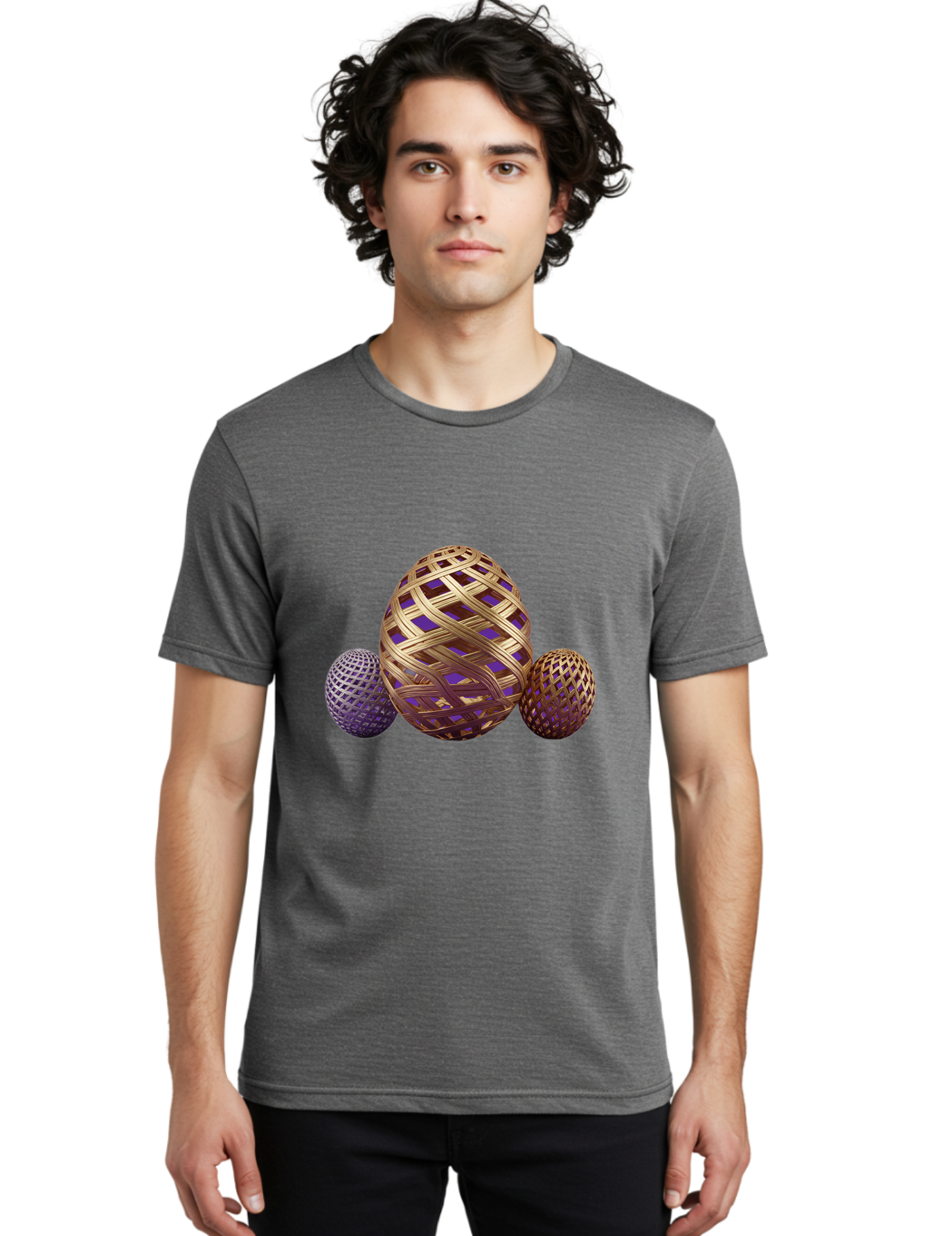 Golden-Eggs Men'S Graphic Tee, 100% Cotton, Comfortable Casual Summer Wear, Machine Washable, Lattice Eggs, Woven Eggs, Easter Eggs, Decorative Eggs, 3D Eggs, Purple And Gold, Festive Decor, Holiday Decorations, Egg Designs, Intricate Patterns Baa774 30