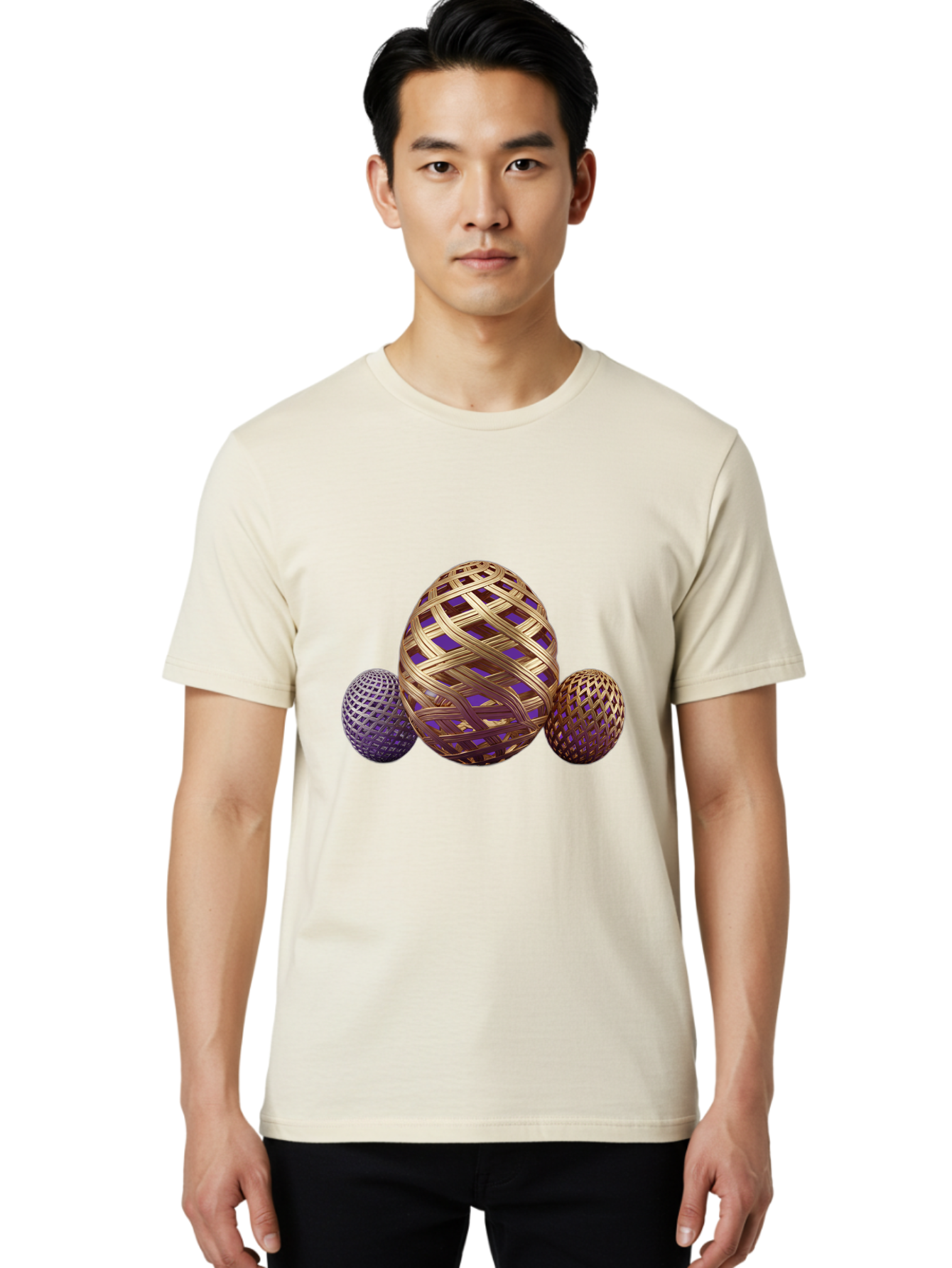 Golden-Eggs Men'S Graphic Tee, 100% Cotton, Comfortable Casual Summer Wear, Machine Washable, Lattice Eggs, Woven Eggs, Easter Eggs, Decorative Eggs, 3D Eggs, Purple And Gold, Festive Decor, Holiday Decorations, Egg Designs, Intricate Patterns Baa774 12