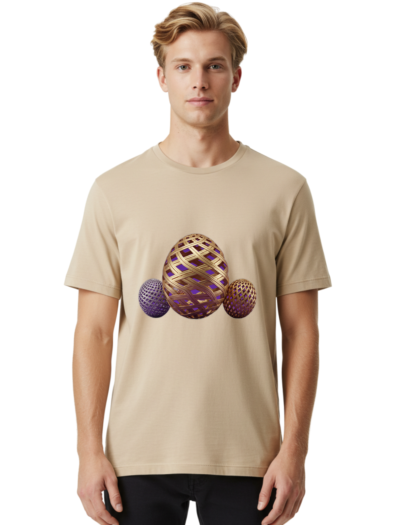 Golden-Eggs Men'S Graphic Tee, 100% Cotton, Comfortable Casual Summer Wear, Machine Washable, Lattice Eggs, Woven Eggs, Easter Eggs, Decorative Eggs, 3D Eggs, Purple And Gold, Festive Decor, Holiday Decorations, Egg Designs, Intricate Patterns Baa774 18