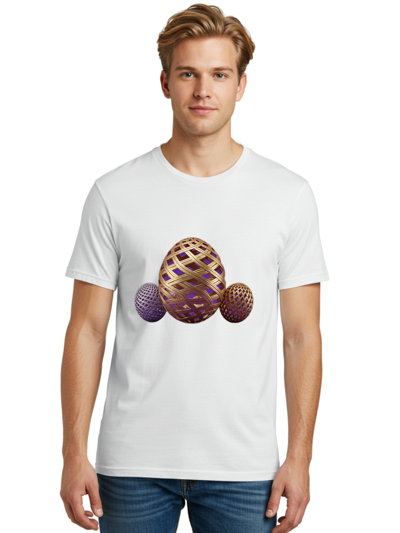 Golden-Eggs Men'S Graphic Tee, 100% Cotton, Comfortable Casual Summer Wear, Machine Washable, Lattice Eggs, Woven Eggs, Easter Eggs, Decorative Eggs, 3D Eggs, Purple And Gold, Festive Decor, Holiday Decorations, Egg Designs, Intricate Patterns Baa774 24
