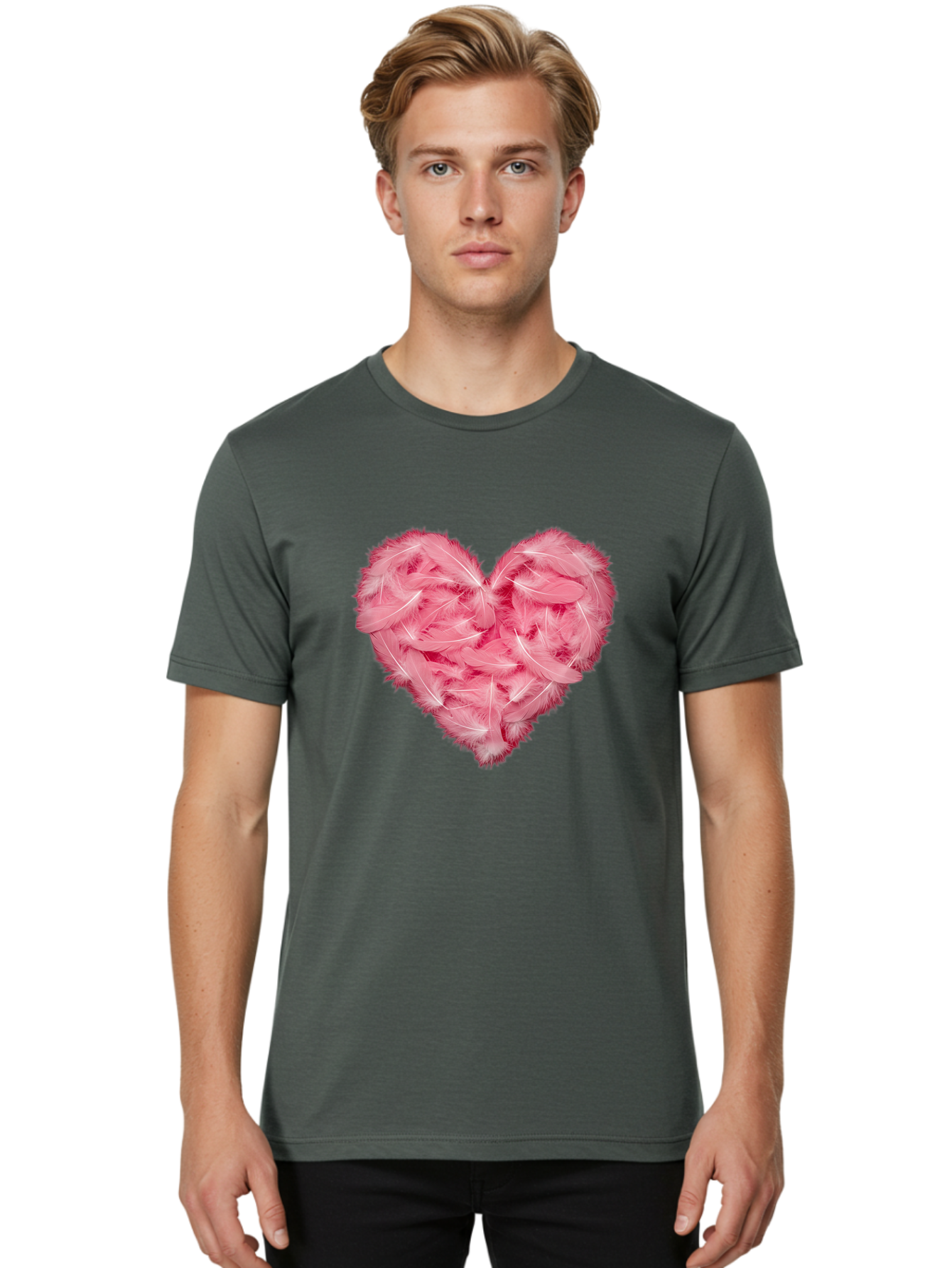 Heart-Of-Feathers Men'S Graphic Tee, 100% Cotton, Comfortable Casual Summer Wear, Machine Washable, Pink Feather Heart, Love Symbol, Soft Texture, Delicate Feathers, Romantic Gesture, Tender Heart, Loving Feeling Baa787 30