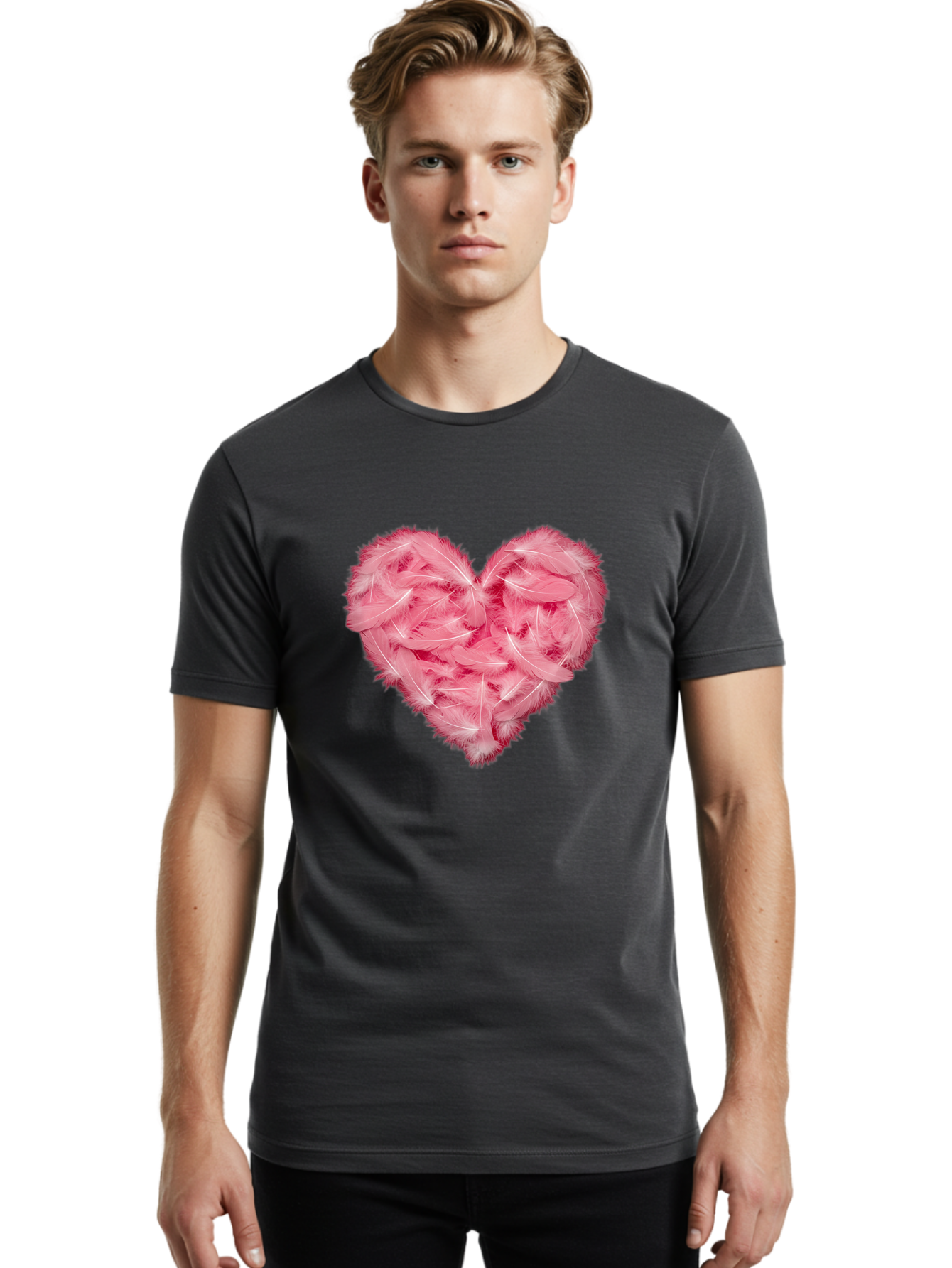 Heart-Of-Feathers Men'S Graphic Tee, 100% Cotton, Comfortable Casual Summer Wear, Machine Washable, Pink Feather Heart, Love Symbol, Soft Texture, Delicate Feathers, Romantic Gesture, Tender Heart, Loving Feeling Baa787 12