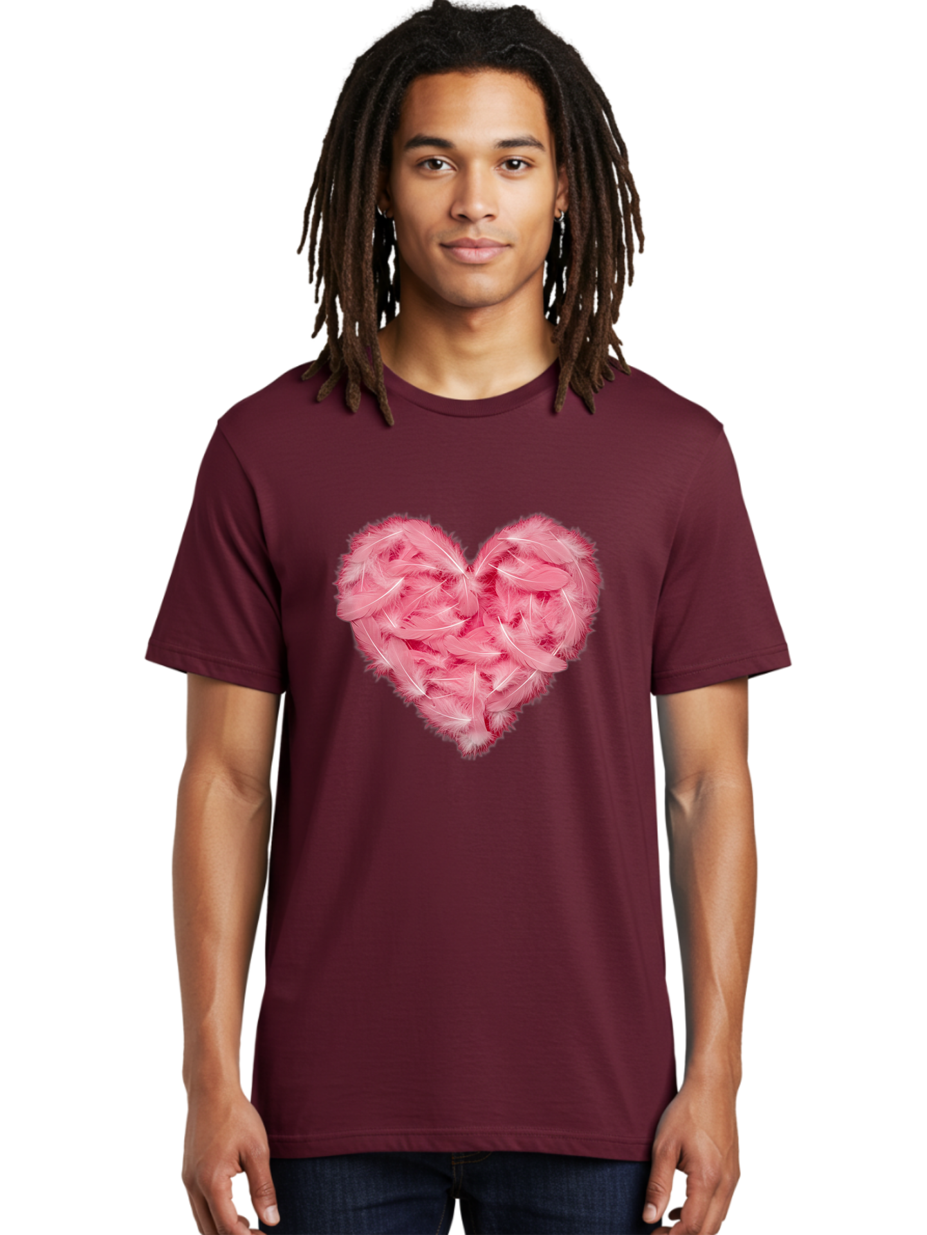 Heart-Of-Feathers Men'S Graphic Tee, 100% Cotton, Comfortable Casual Summer Wear, Machine Washable, Pink Feather Heart, Love Symbol, Soft Texture, Delicate Feathers, Romantic Gesture, Tender Heart, Loving Feeling Baa787 4