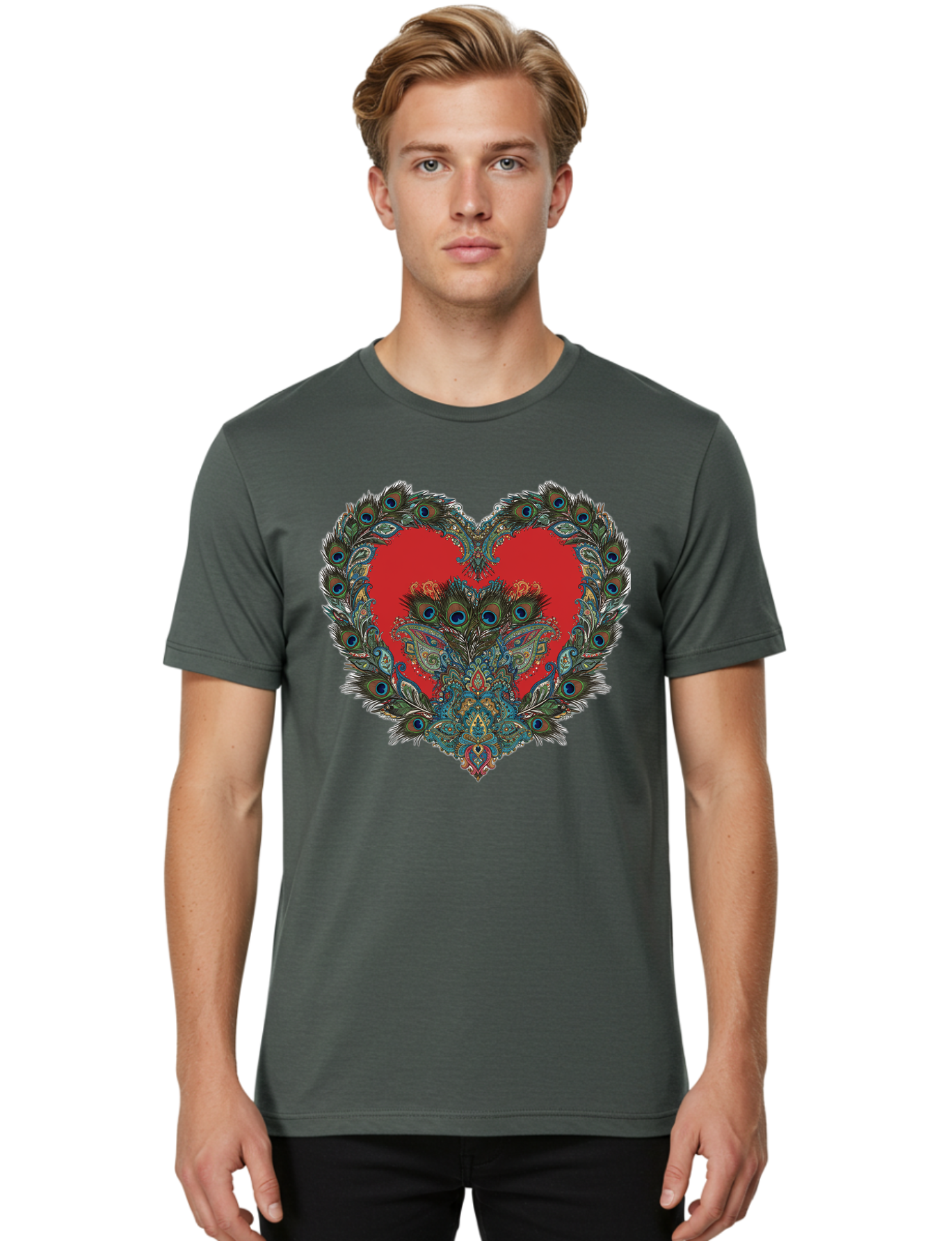 Heart-Peacock Men'S Graphic Tee, 100% Cotton, Comfortable Casual Summer Wear, Machine Washable, Heart Shape, Peacock Feathers, Red Heart, Blue Eyes, Colorful Design, Intricate Patterns, Symbolic Heart, Vibrant Colors, Emotional Expression, Baa788 14