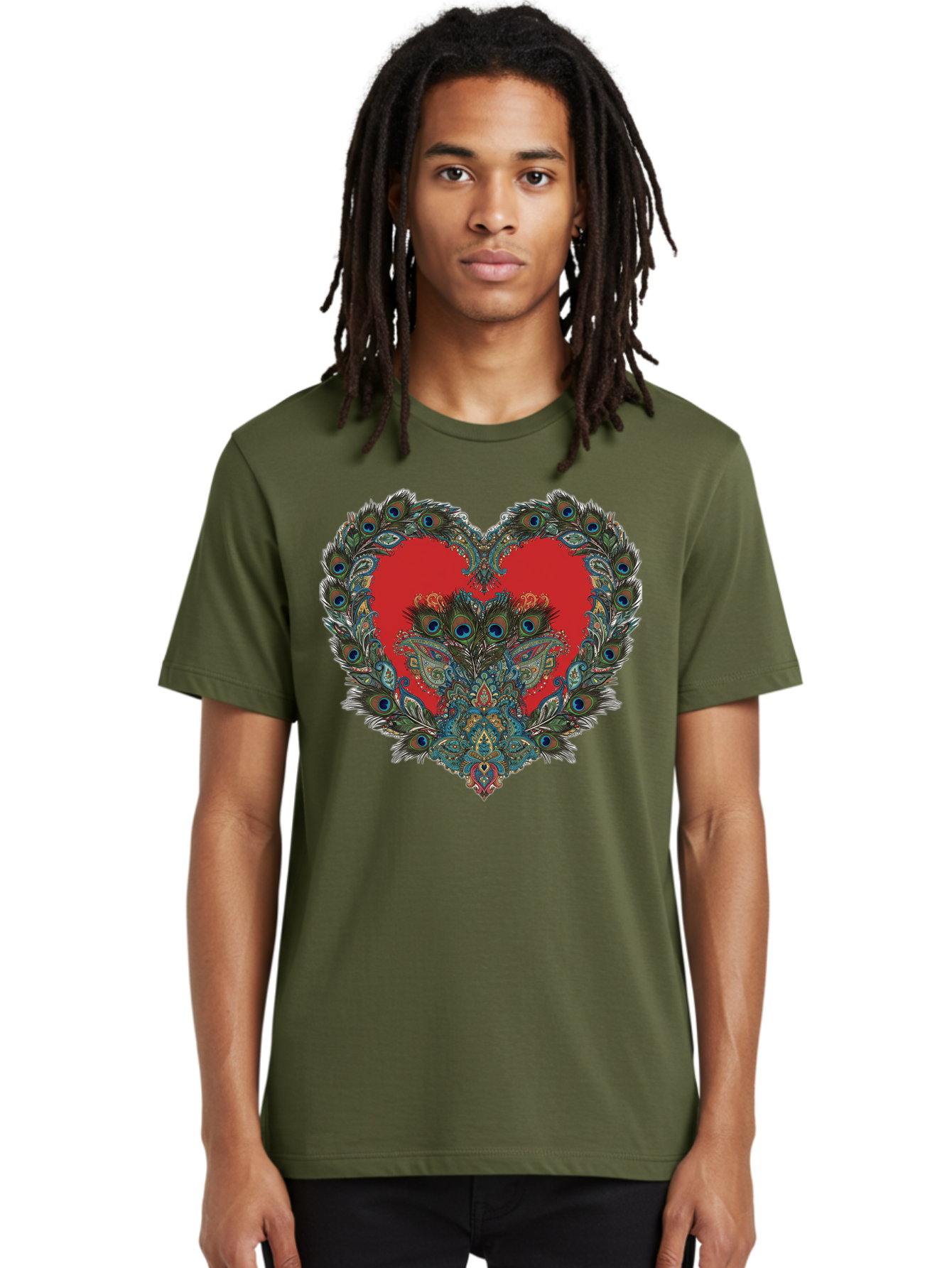 Heart-Peacock Men'S Graphic Tee, 100% Cotton, Comfortable Casual Summer Wear, Machine Washable, Heart Shape, Peacock Feathers, Red Heart, Blue Eyes, Colorful Design, Intricate Patterns, Symbolic Heart, Vibrant Colors, Emotional Expression, Baa788 6