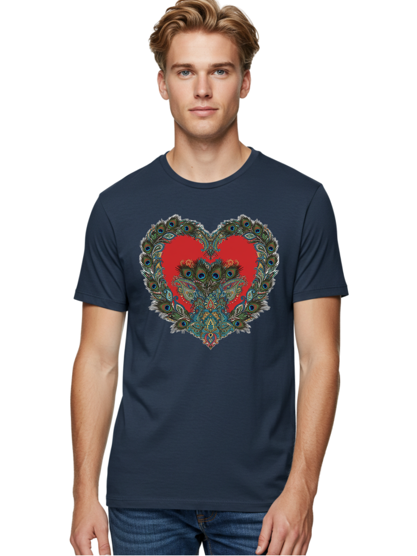 Heart-Peacock Men'S Graphic Tee, 100% Cotton, Comfortable Casual Summer Wear, Machine Washable, Heart Shape, Peacock Feathers, Red Heart, Blue Eyes, Colorful Design, Intricate Patterns, Symbolic Heart, Vibrant Colors, Emotional Expression, Baa788 16