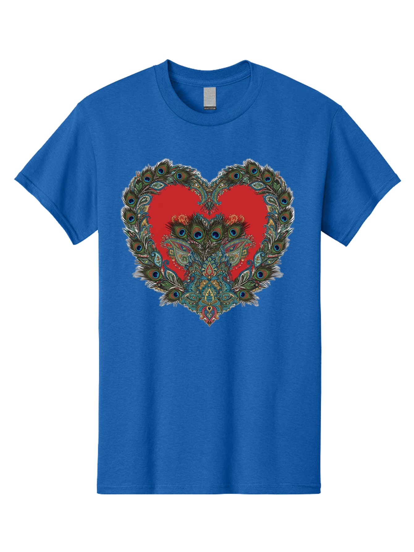 Heart-Peacock Men'S Graphic Tee, 100% Cotton, Comfortable Casual Summer Wear, Machine Washable, Heart Shape, Peacock Feathers, Red Heart, Blue Eyes, Colorful Design, Intricate Patterns, Symbolic Heart, Vibrant Colors, Emotional Expression, Baa788 21