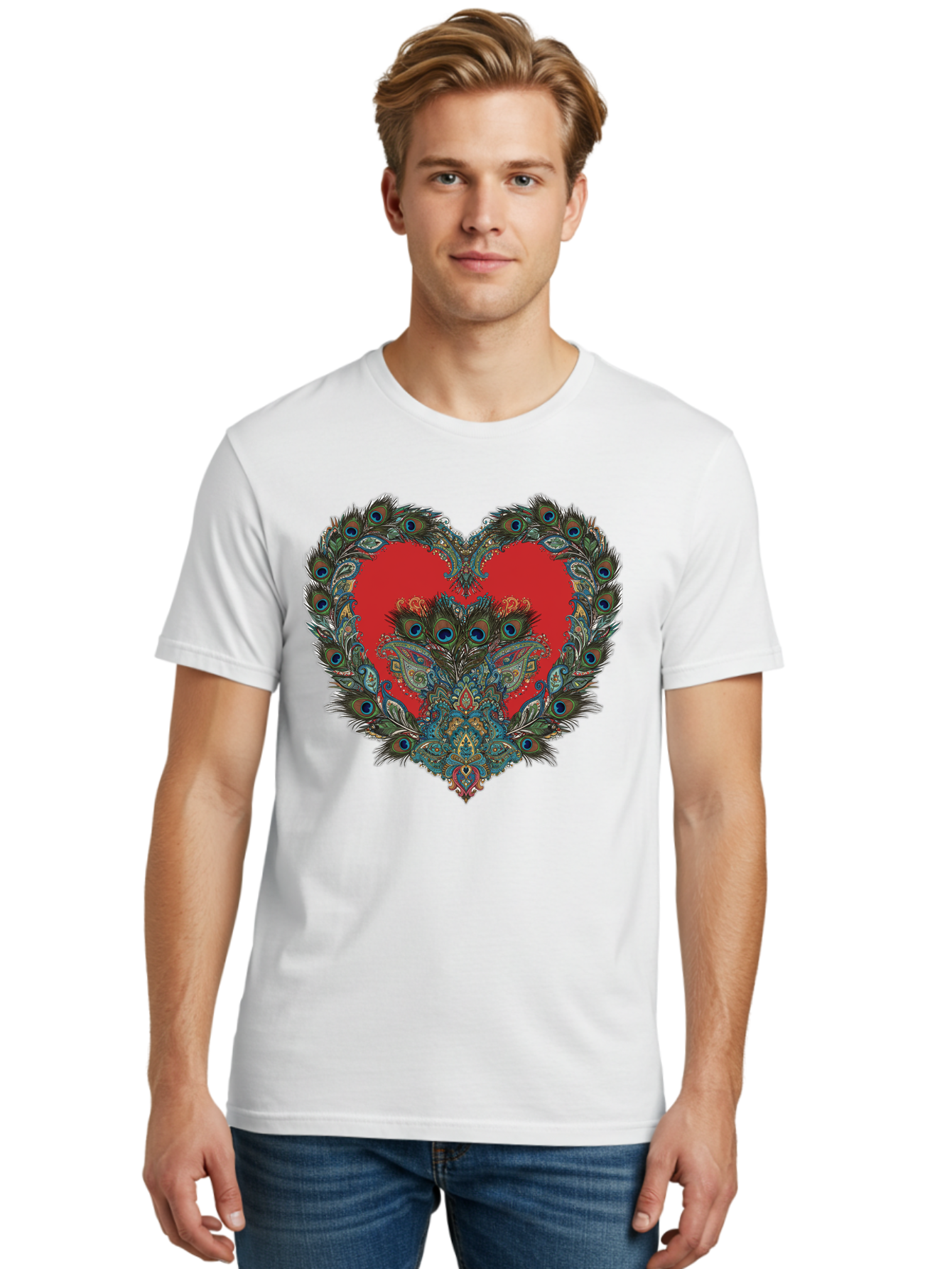 Heart-Peacock Men'S Graphic Tee, 100% Cotton, Comfortable Casual Summer Wear, Machine Washable, Heart Shape, Peacock Feathers, Red Heart, Blue Eyes, Colorful Design, Intricate Patterns, Symbolic Heart, Vibrant Colors, Emotional Expression, Baa788 18