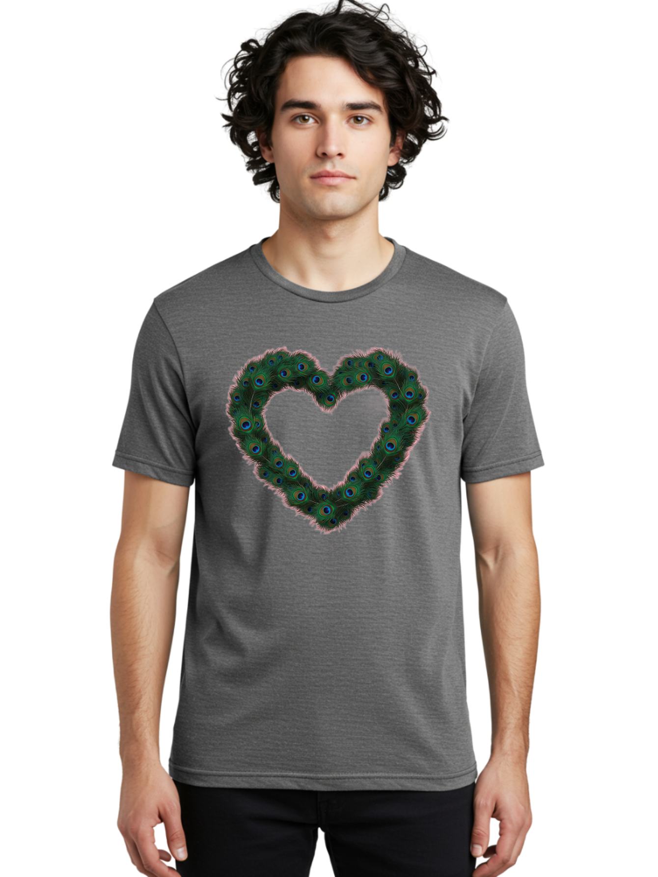 Heart-Shape-Peacock-Feathers Men'S Graphic Tee, 100% Cotton, Comfortable Casual Summer Wear, Machine Washable, Heart Shaped Peacock Feathers, Eye-Catching Design, Vibrant Blue And Green Hues, Symbol Of Love, Decorative Art, Colorful Pattern, Baa790 12