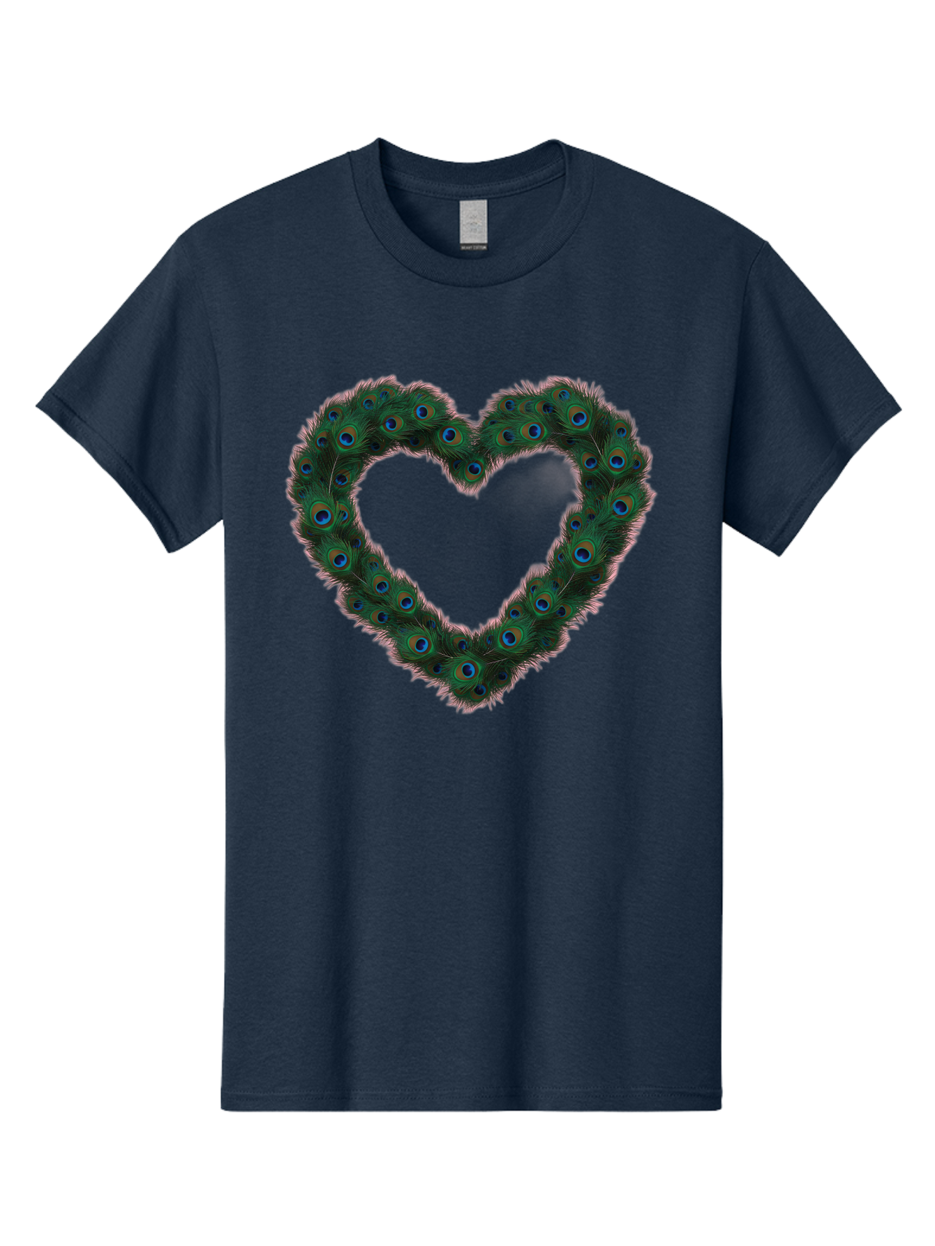 Heart-Shape-Peacock-Feathers Men'S Graphic Tee, 100% Cotton, Comfortable Casual Summer Wear, Machine Washable, Heart Shaped Peacock Feathers, Eye-Catching Design, Vibrant Blue And Green Hues, Symbol Of Love, Decorative Art, Colorful Pattern, Baa790 9