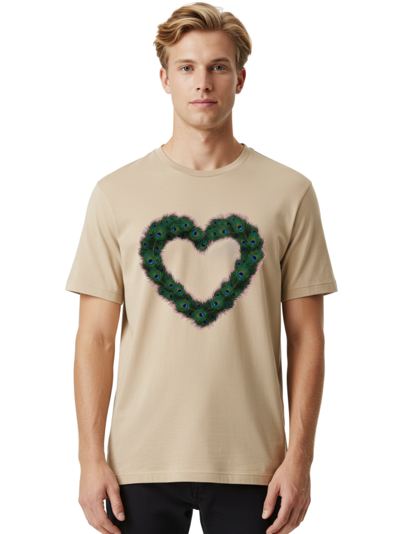 Heart-Shape-Peacock-Feathers Men'S Graphic Tee, 100% Cotton, Comfortable Casual Summer Wear, Machine Washable, Heart Shaped Peacock Feathers, Eye-Catching Design, Vibrant Blue And Green Hues, Symbol Of Love, Decorative Art, Colorful Pattern, Baa790 26