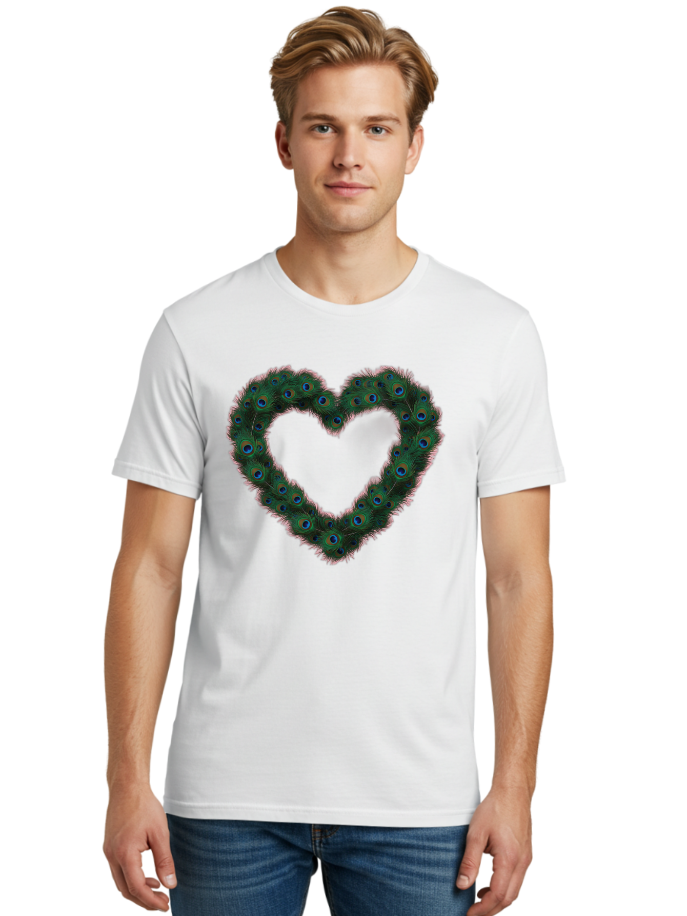 Heart-Shape-Peacock-Feathers Men'S Graphic Tee, 100% Cotton, Comfortable Casual Summer Wear, Machine Washable, Heart Shaped Peacock Feathers, Eye-Catching Design, Vibrant Blue And Green Hues, Symbol Of Love, Decorative Art, Colorful Pattern, Baa790 22