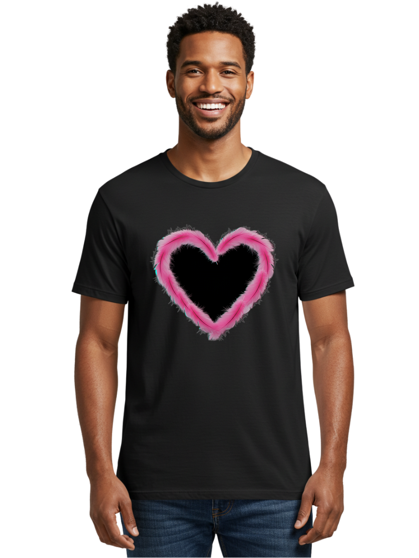 Heart Men'S Graphic Tee, 100% Cotton, Comfortable Casual Summer Wear, Machine Washable, Pink Feather Heart, Fluffy Heart, Romantic Symbol, Fuzzy Love, Heart Shape, Feather Design, Cute Graphics, Valentine'S Icon Baa794 18