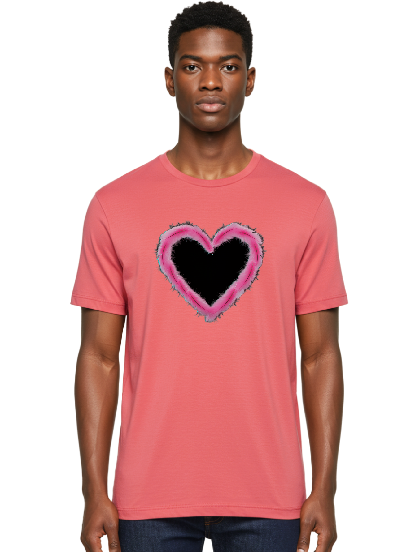 Heart Men'S Graphic Tee, 100% Cotton, Comfortable Casual Summer Wear, Machine Washable, Pink Feather Heart, Fluffy Heart, Romantic Symbol, Fuzzy Love, Heart Shape, Feather Design, Cute Graphics, Valentine'S Icon Baa794 24