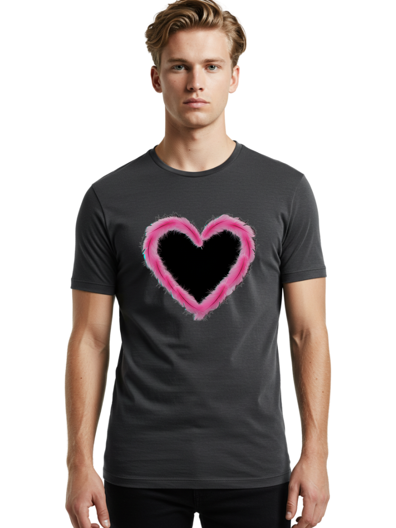 Heart Men'S Graphic Tee, 100% Cotton, Comfortable Casual Summer Wear, Machine Washable, Pink Feather Heart, Fluffy Heart, Romantic Symbol, Fuzzy Love, Heart Shape, Feather Design, Cute Graphics, Valentine'S Icon Baa794 28