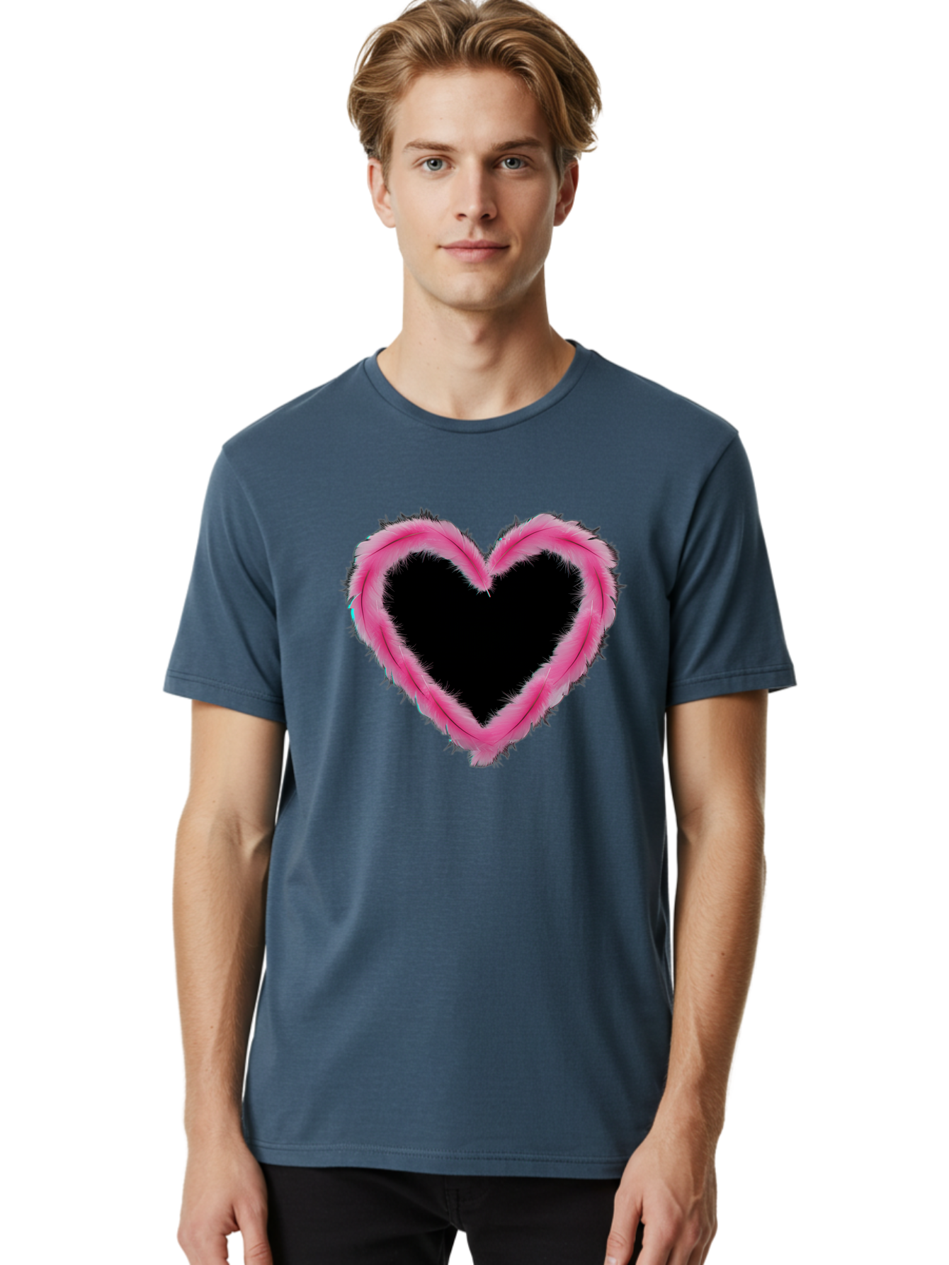 Heart Men'S Graphic Tee, 100% Cotton, Comfortable Casual Summer Wear, Machine Washable, Pink Feather Heart, Fluffy Heart, Romantic Symbol, Fuzzy Love, Heart Shape, Feather Design, Cute Graphics, Valentine'S Icon Baa794 4