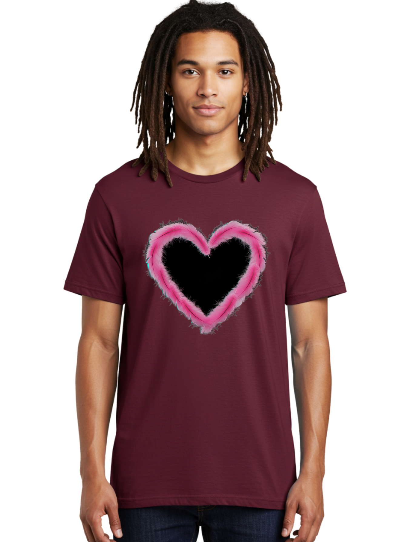 Heart Men'S Graphic Tee, 100% Cotton, Comfortable Casual Summer Wear, Machine Washable, Pink Feather Heart, Fluffy Heart, Romantic Symbol, Fuzzy Love, Heart Shape, Feather Design, Cute Graphics, Valentine'S Icon Baa794 10