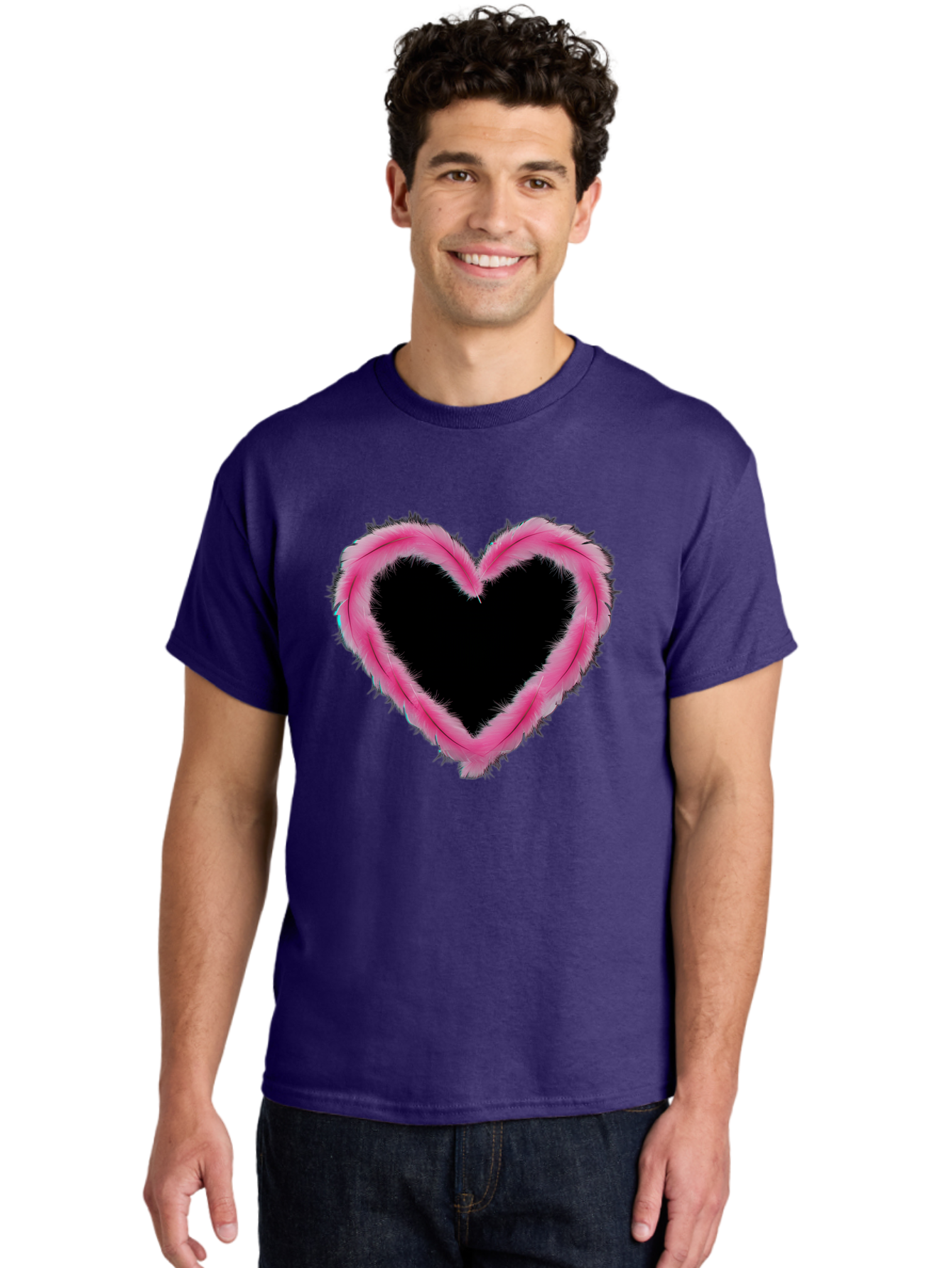 Heart Men'S Graphic Tee, 100% Cotton, Comfortable Casual Summer Wear, Machine Washable, Pink Feather Heart, Fluffy Heart, Romantic Symbol, Fuzzy Love, Heart Shape, Feather Design, Cute Graphics, Valentine'S Icon Baa794 8