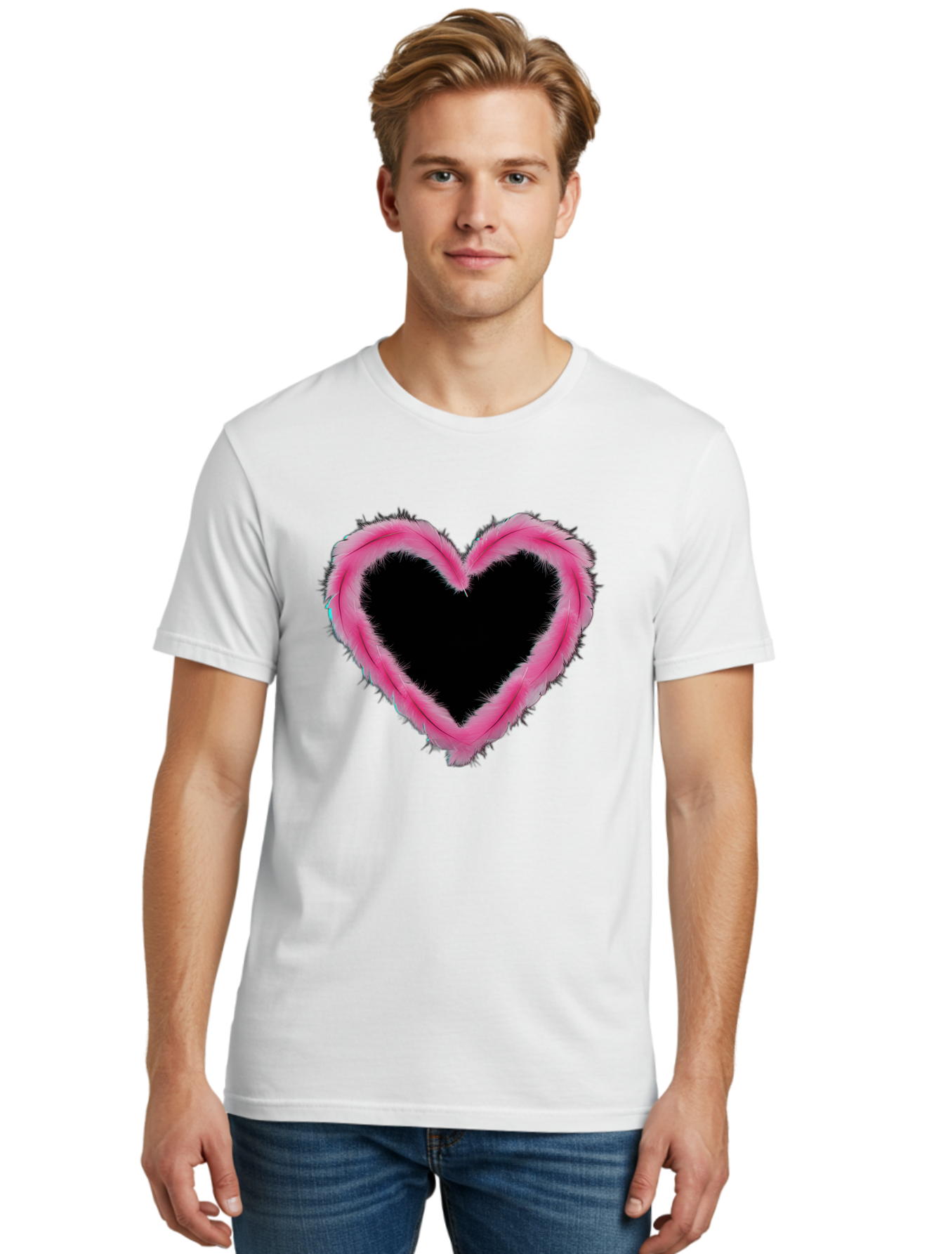 Heart Men'S Graphic Tee, 100% Cotton, Comfortable Casual Summer Wear, Machine Washable, Pink Feather Heart, Fluffy Heart, Romantic Symbol, Fuzzy Love, Heart Shape, Feather Design, Cute Graphics, Valentine'S Icon Baa794 14