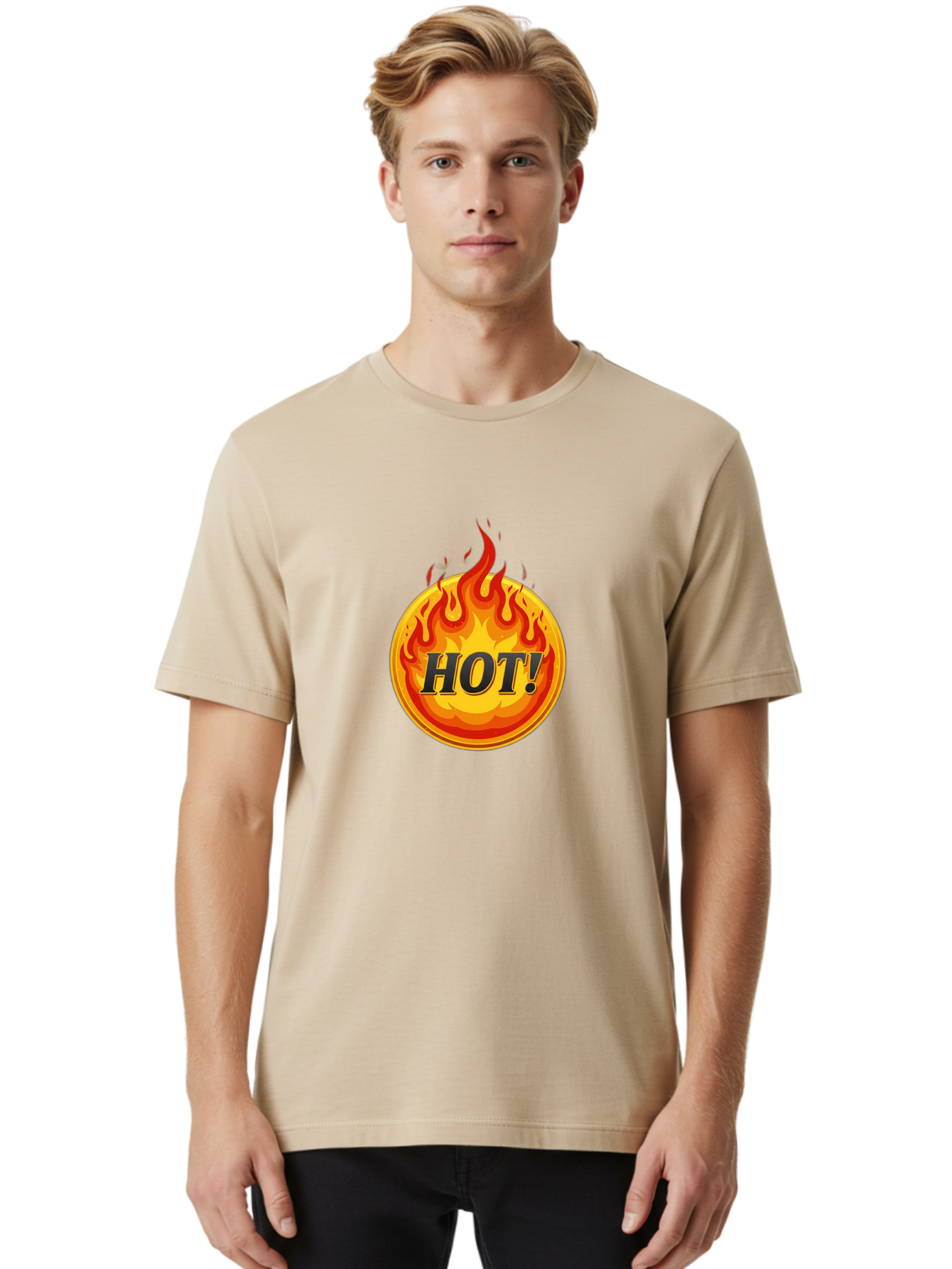 Hot-7 Men'S Graphic Tee, 100% Cotton, Comfortable Casual Summer Wear, Machine Washable, Flame Design, Fiery Graphic, Hot Item, Bold Typography, Fiery Theme, Hot! Text, Vibrant Colors, Energetic Vibe, Dynamic Illustration Baa806 2