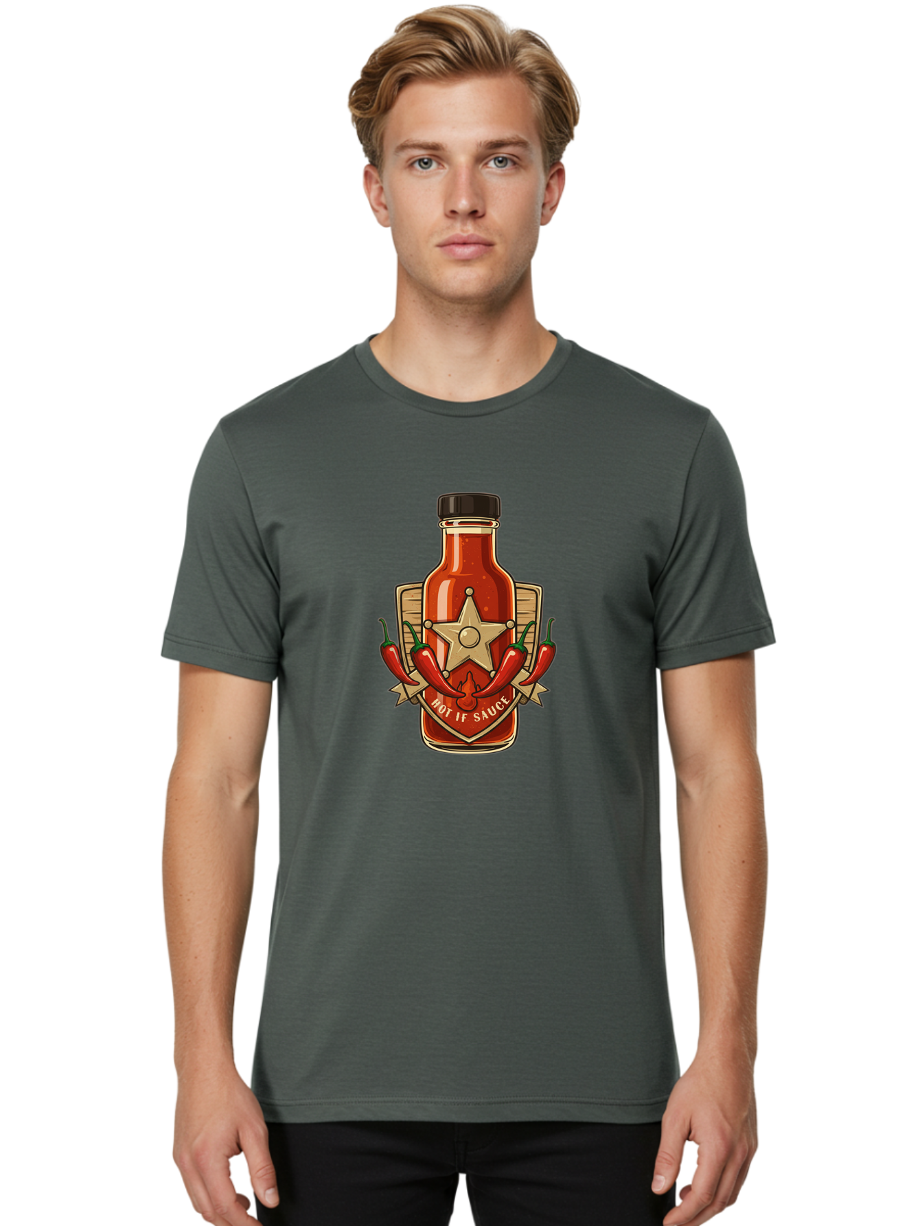 Hot-If-Sauce Men'S Graphic Tee, 100% Cotton, Comfortable Casual Summer Wear, Machine Washable, Hot Sauce Bottle, Spicy Condiment, Chili Peppers, Star Emblem, Vintage Label, Fiery Flavor, Savory Seasoning, Gourmet Cuisine Baa811 6
