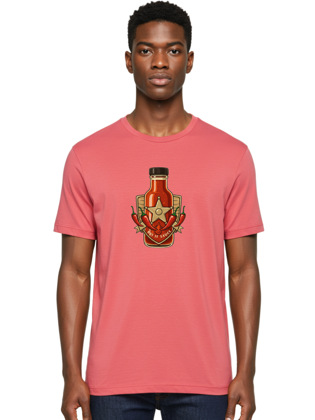 Hot-If-Sauce Men'S Graphic Tee, 100% Cotton, Comfortable Casual Summer Wear, Machine Washable, Hot Sauce Bottle, Spicy Condiment, Chili Peppers, Star Emblem, Vintage Label, Fiery Flavor, Savory Seasoning, Gourmet Cuisine Baa811 16