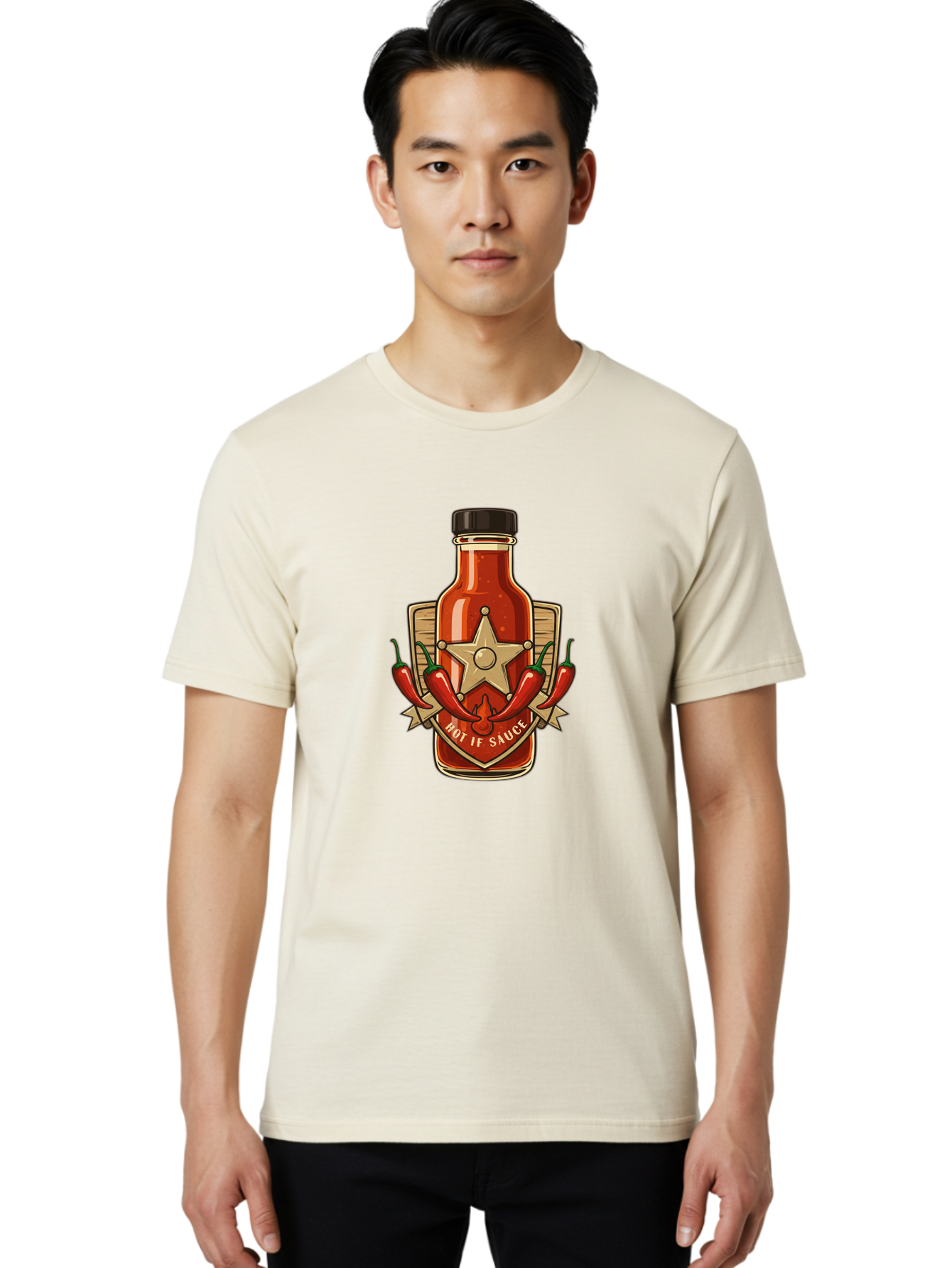 Hot-If-Sauce Men'S Graphic Tee, 100% Cotton, Comfortable Casual Summer Wear, Machine Washable, Hot Sauce Bottle, Spicy Condiment, Chili Peppers, Star Emblem, Vintage Label, Fiery Flavor, Savory Seasoning, Gourmet Cuisine Baa811 24