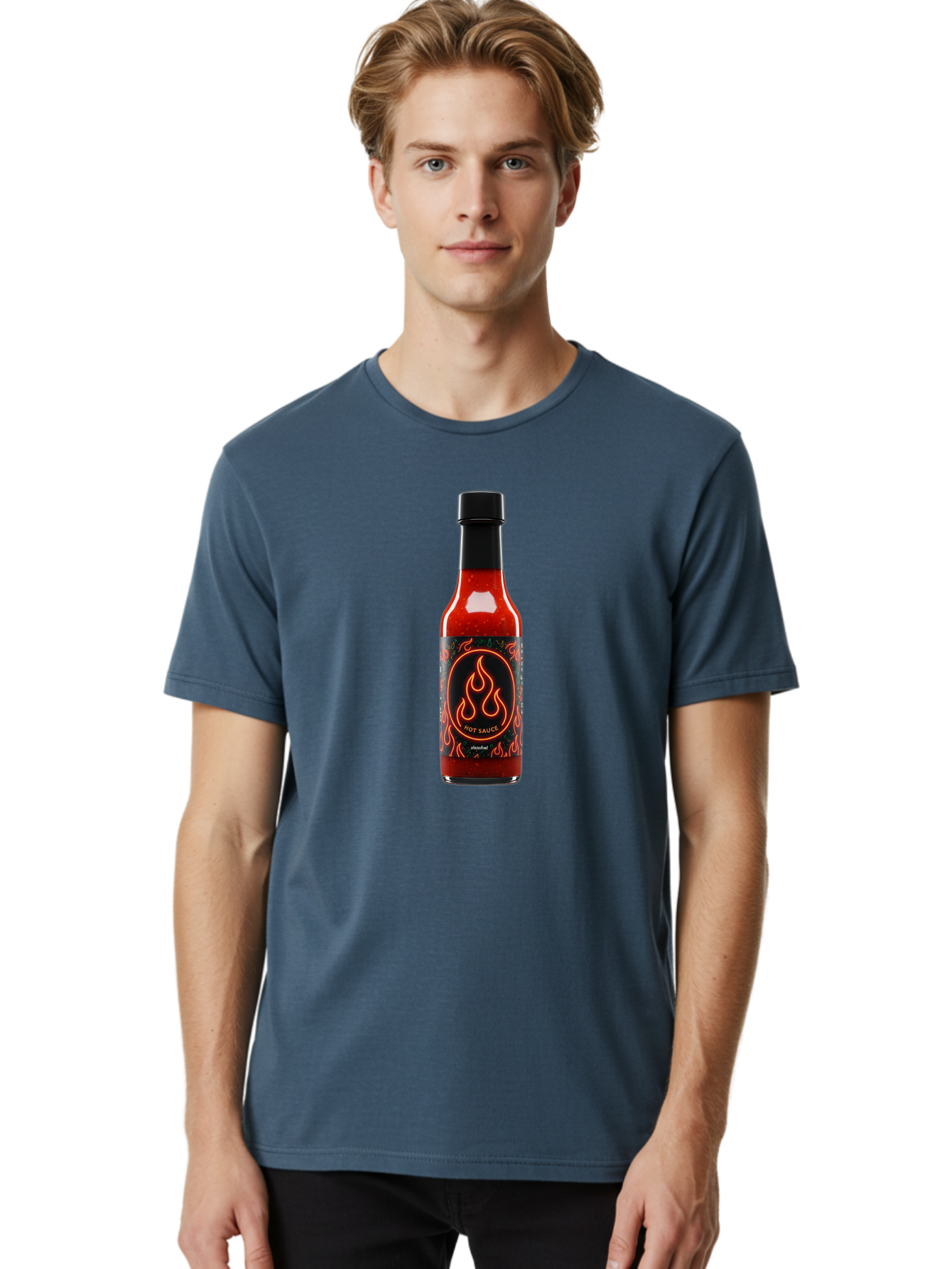 Hot-Sauce-2 Men'S Graphic Tee, 100% Cotton, Comfortable Casual Summer Wear, Machine Washable, Hot Sauce, Spicy Condiment, Chili Peppers, Red Sauce, Glass Bottle, Black Cap, Flame Design, Hot Sauce Bottle, Condiment Bottle, Spicy Food Baa814 2