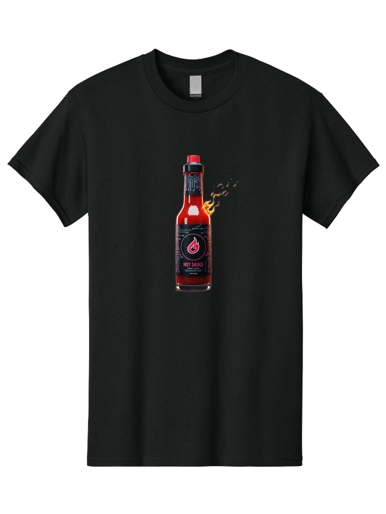 Hot-Sauce-5 Men'S Graphic Tee, 100% Cotton, Comfortable Casual Summer Wear, Machine Washable, Hot Sauce Bottle, Spicy Condiment, Chili Pepper Sauce, Fiery Flavor, Red Sauce, Black Label, Circuit Design, Flames Baa817 19