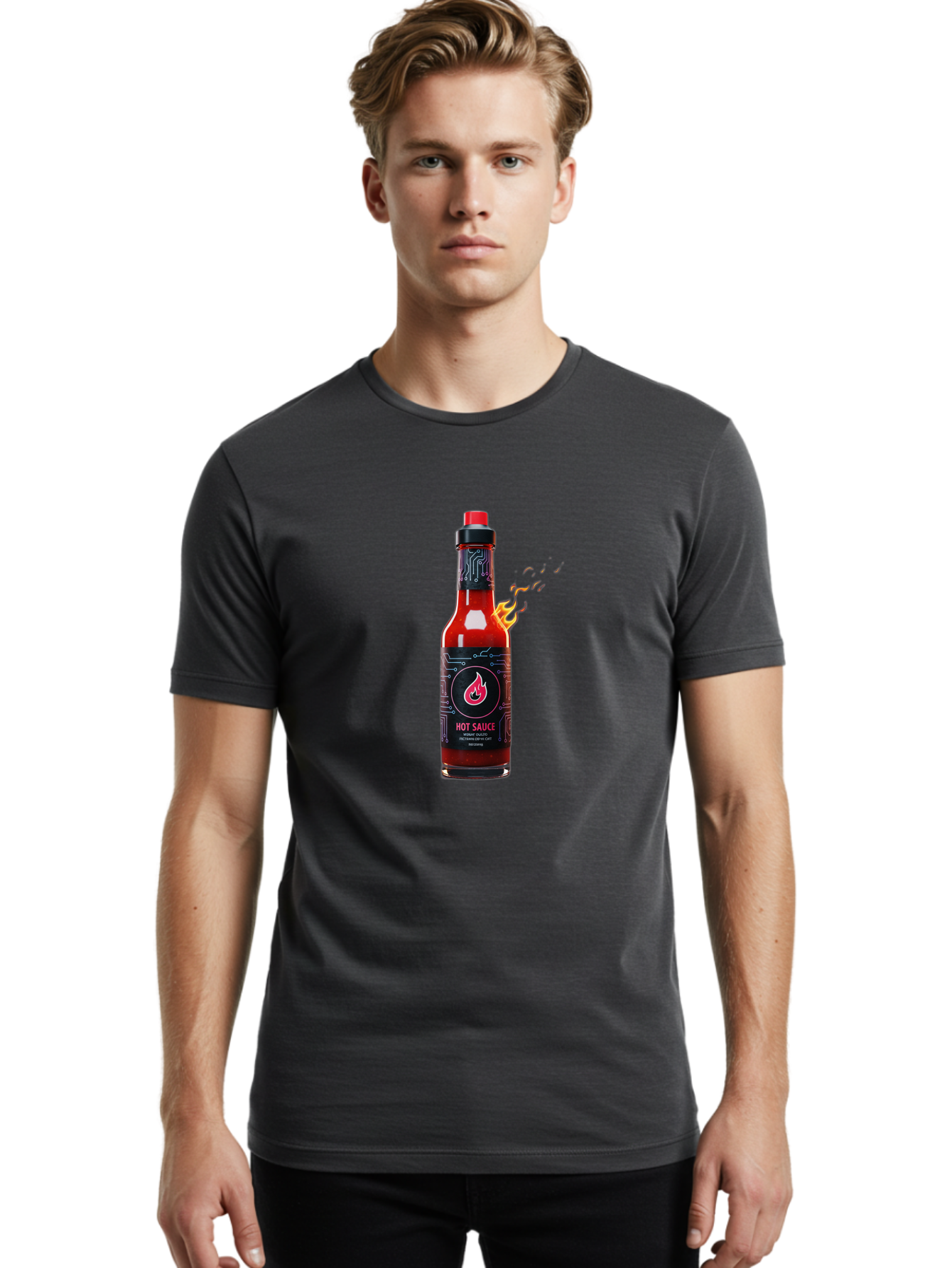 Hot-Sauce-5 Men'S Graphic Tee, 100% Cotton, Comfortable Casual Summer Wear, Machine Washable, Hot Sauce Bottle, Spicy Condiment, Chili Pepper Sauce, Fiery Flavor, Red Sauce, Black Label, Circuit Design, Flames Baa817 16