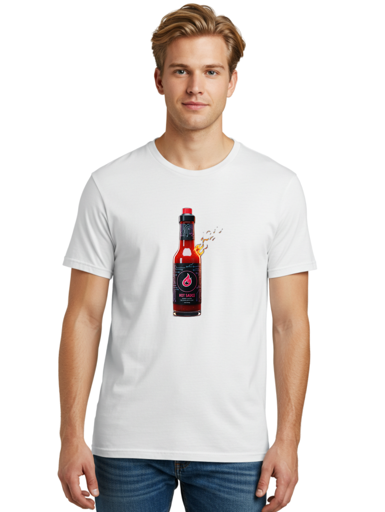 Hot-Sauce-5 Men'S Graphic Tee, 100% Cotton, Comfortable Casual Summer Wear, Machine Washable, Hot Sauce Bottle, Spicy Condiment, Chili Pepper Sauce, Fiery Flavor, Red Sauce, Black Label, Circuit Design, Flames Baa817 12