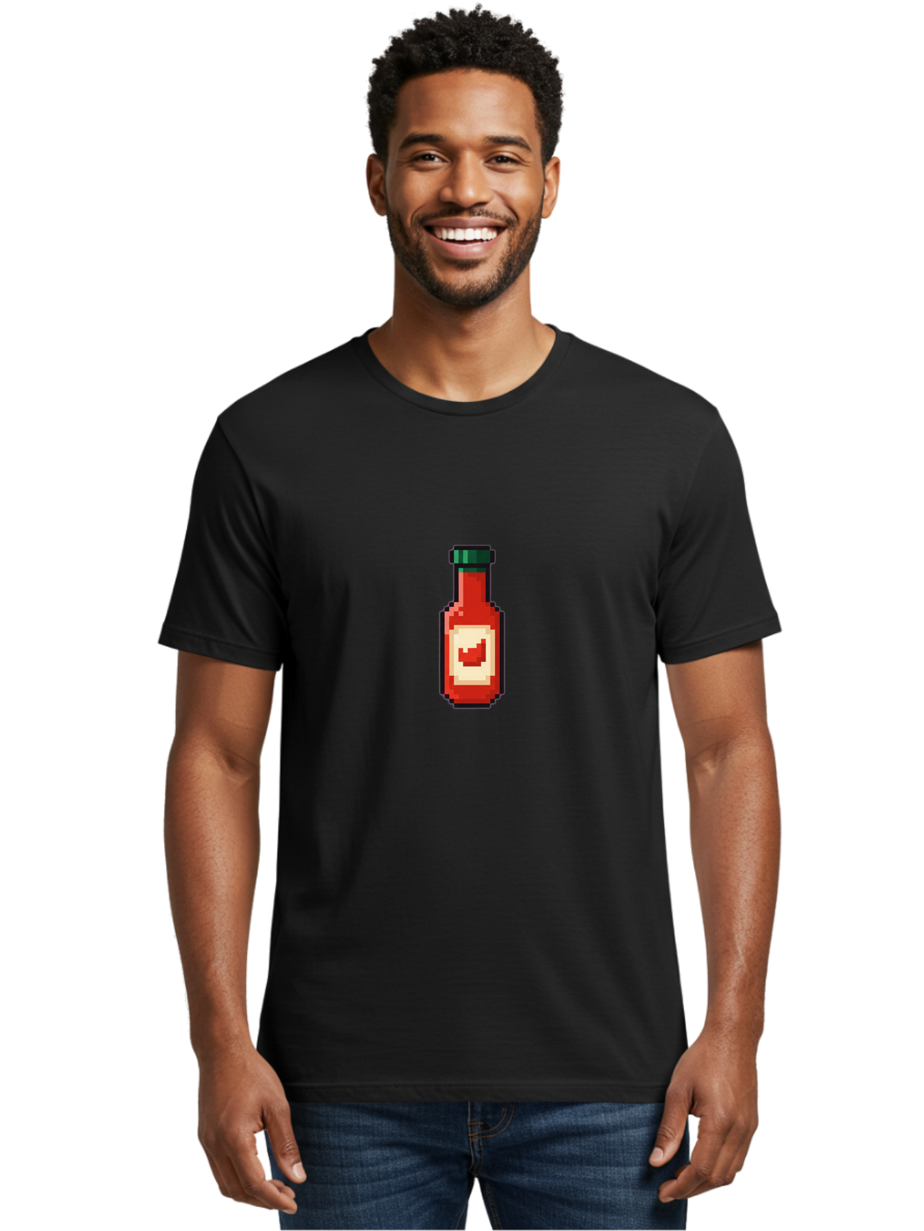 Hot-Sauce-Bottle-4 Men'S Graphic Tee, 100% Cotton, Comfortable Casual Summer Wear, Machine Washable, Hot Sauce, Condiment, Spicy Food, Red Sauce, Pixel Art, Digital Illustration, 8-Bit Style, Retro Gaming Aesthetic Baa828 16