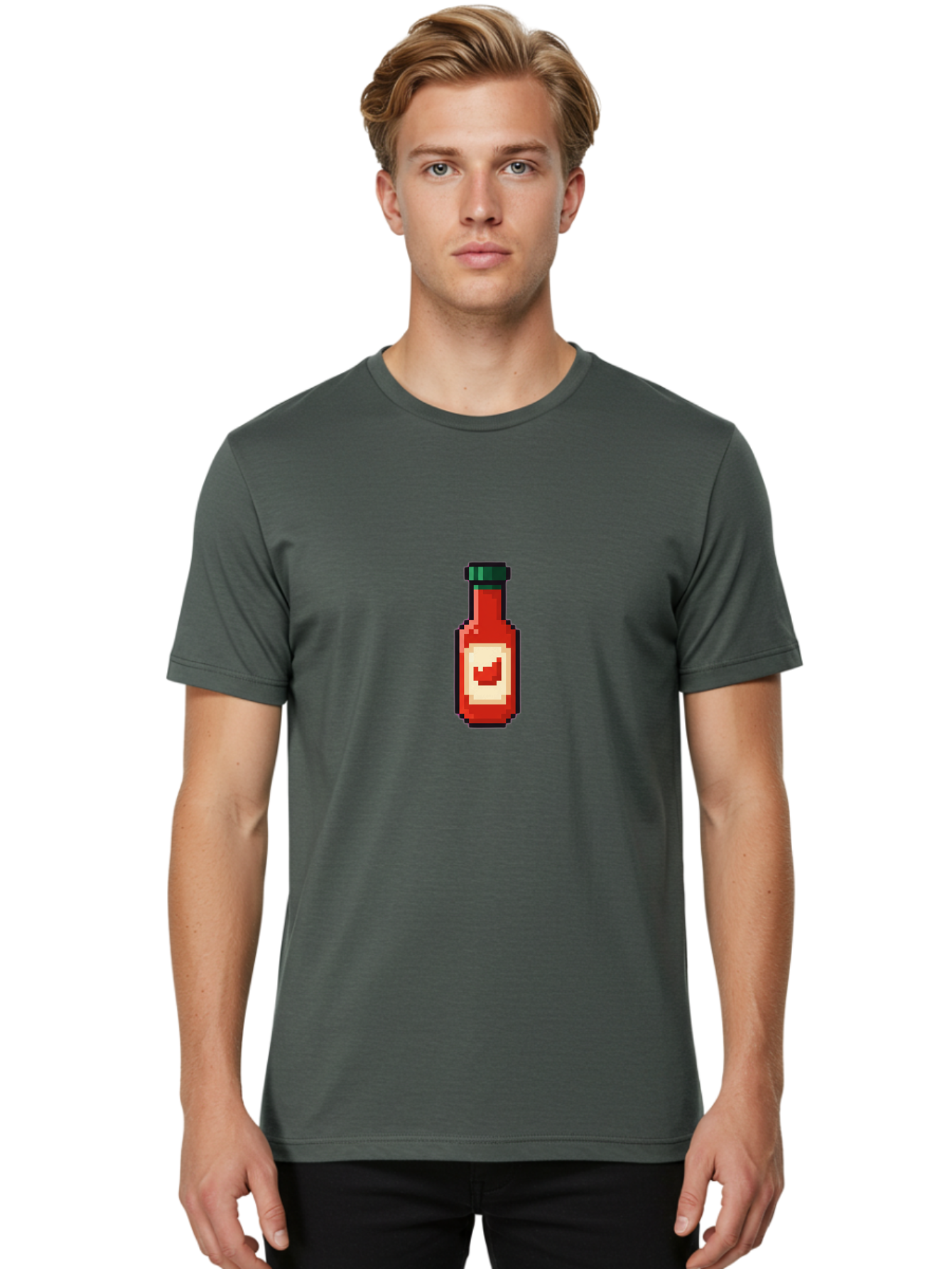 Hot-Sauce-Bottle-4 Men'S Graphic Tee, 100% Cotton, Comfortable Casual Summer Wear, Machine Washable, Hot Sauce, Condiment, Spicy Food, Red Sauce, Pixel Art, Digital Illustration, 8-Bit Style, Retro Gaming Aesthetic Baa828 22